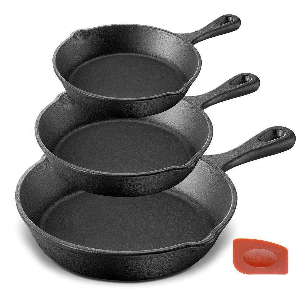 NutriChef Pre Seasoned Nonstick Cast Iron Skillet Kitchen Cookware Pan Set, 3 Pc