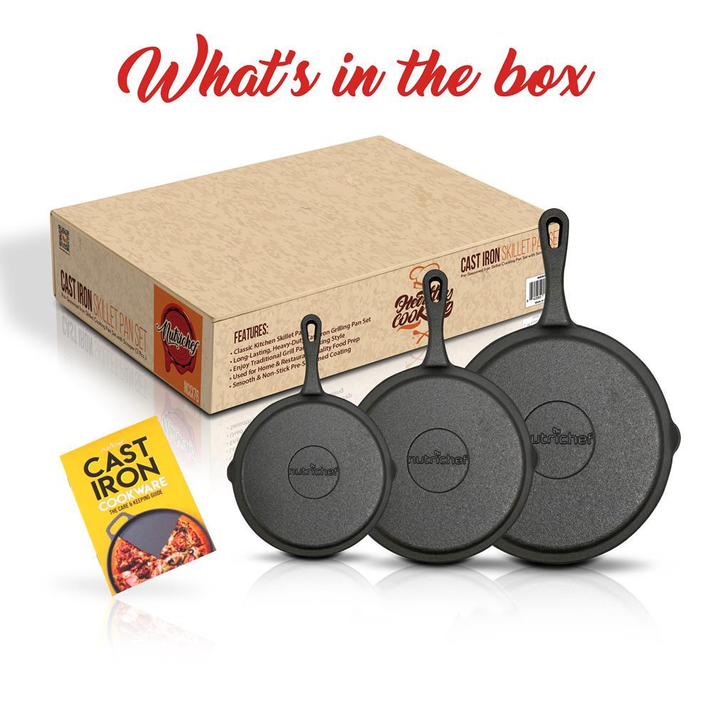 NutriChef Pre Seasoned Nonstick Cast Iron Skillet Kitchen Cookware Pan Set, 3 Pc