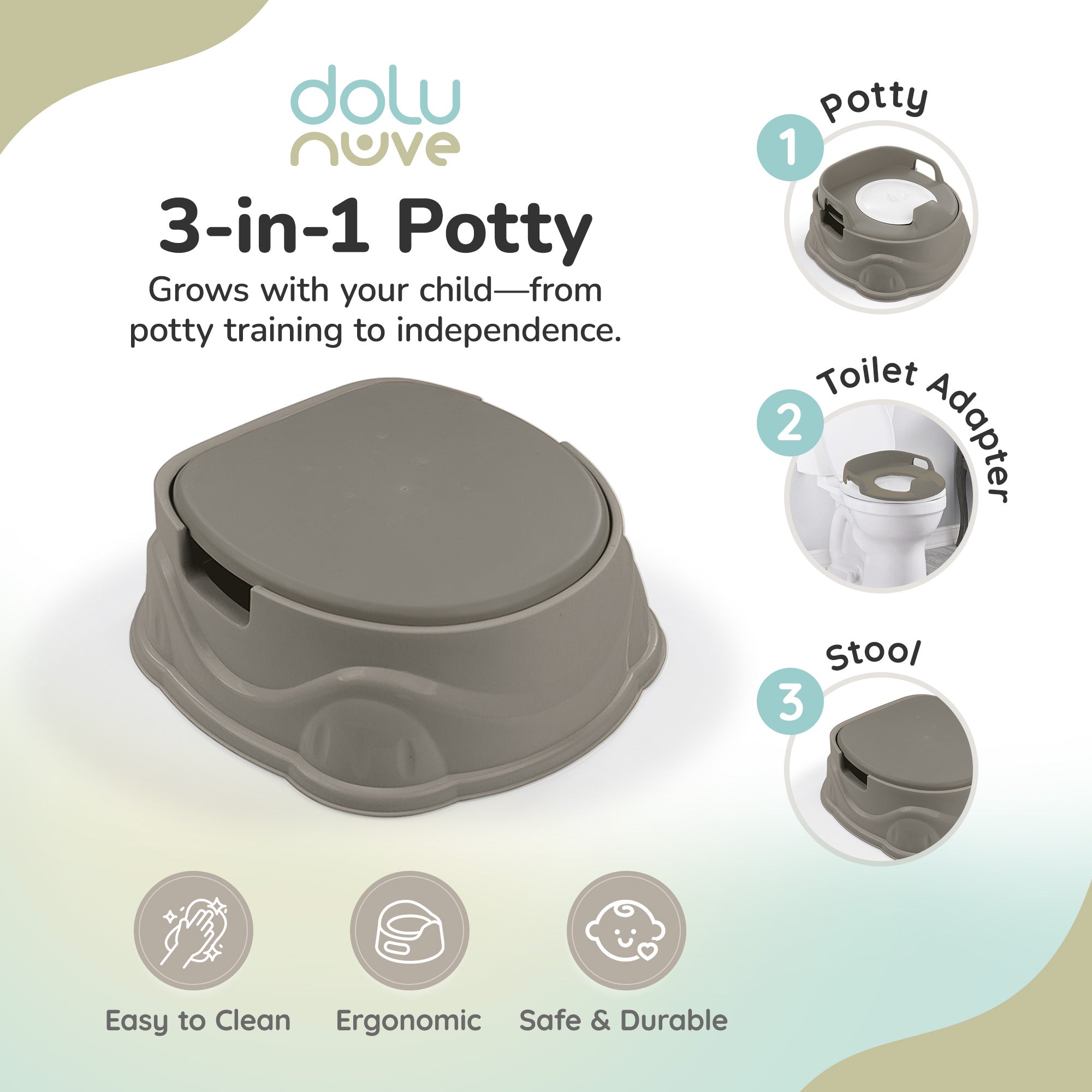 Dolu Nuve 3-in-1 Potty, Toilet Adapter, and Step Stool, Ergonomic Design, Grey - VMInnovations