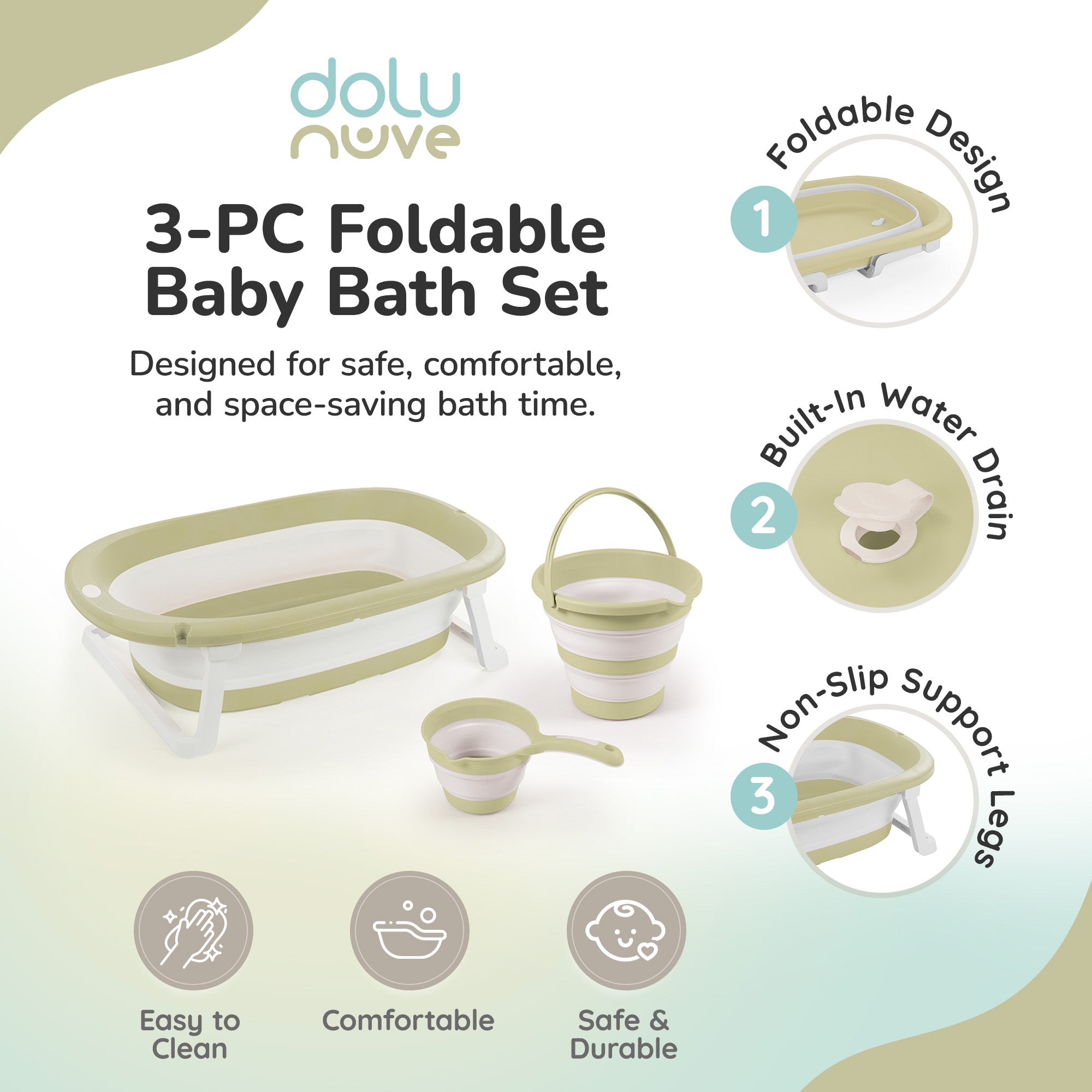 Dolu Nuve 3-Piece Foldable Baby Bath Set, Infant Tub, Bucket & Rinse Cup, Green - VMInnovations
