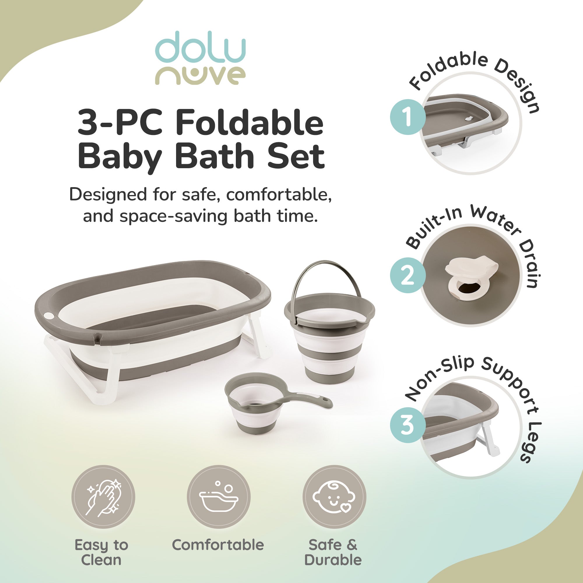 Dolu Nuve 3-Piece Foldable Baby Bath Set, Infant Tub, Bucket & Rinse Cup, Grey - VMInnovations