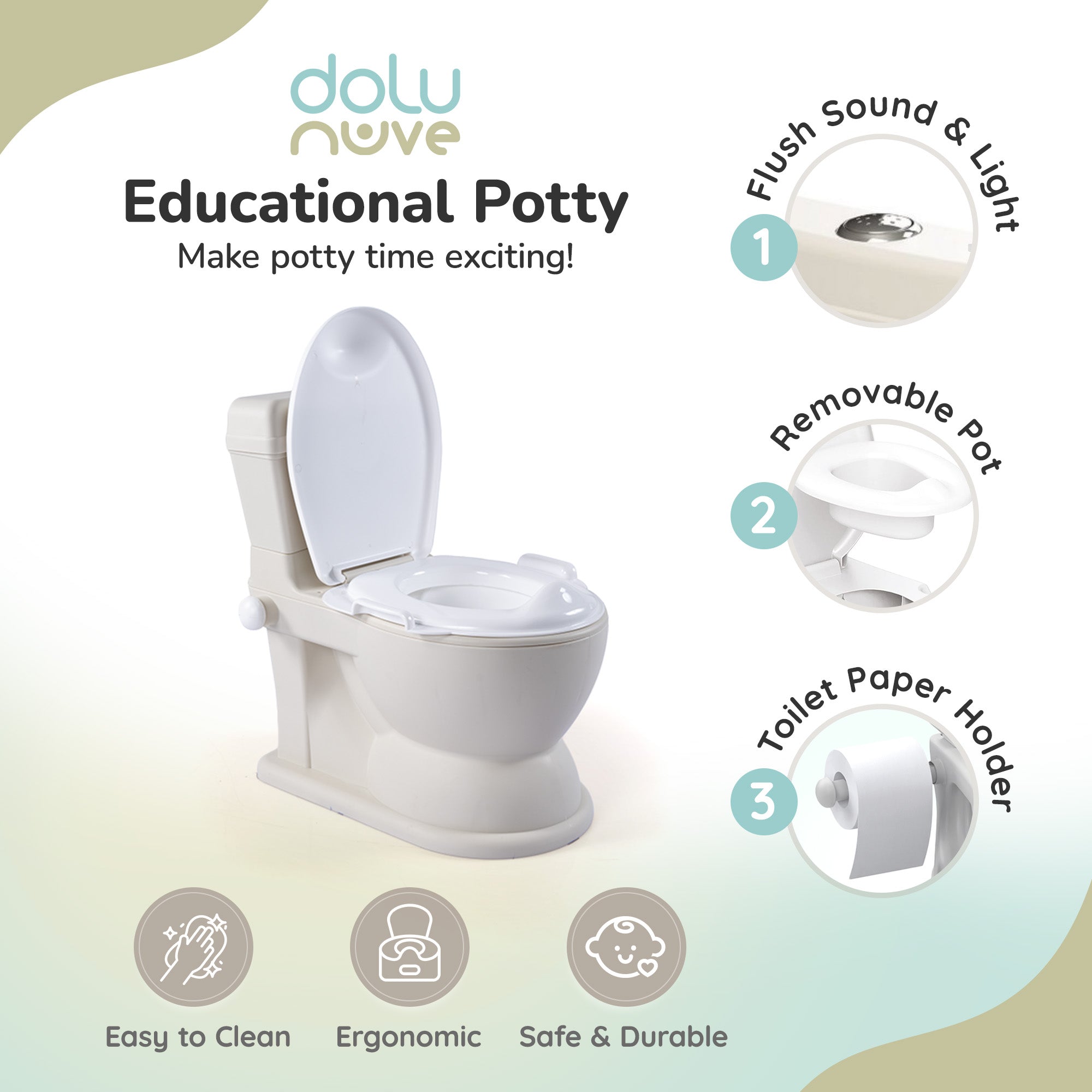 Dolu Nuve Educational XL Potty, Flip-Top Lid for Children, Beige (Open Box) - VMInnovations