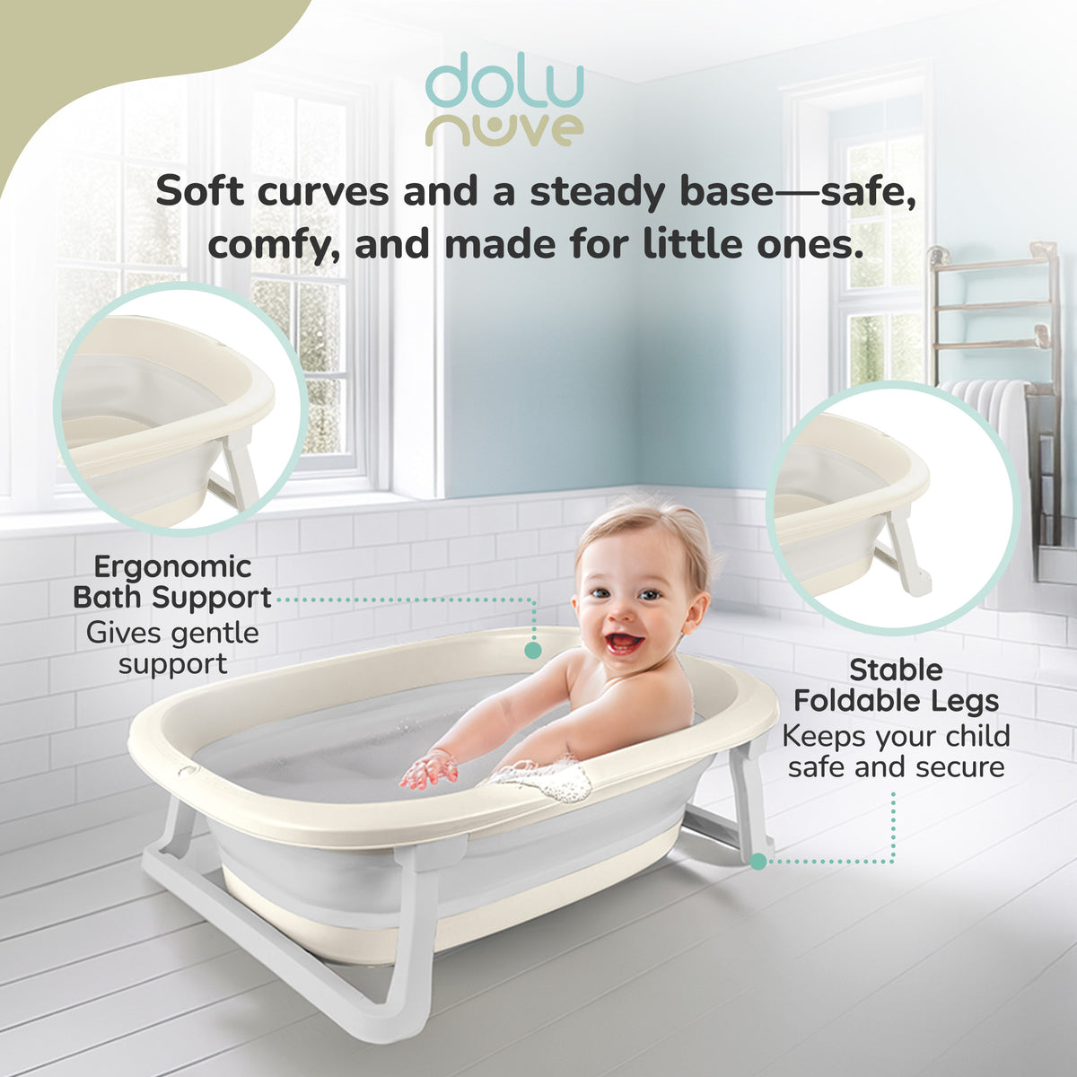 Dolu Nuve Foldable Baby Bathtub Collapsible Infant Bath Tub for Newborns, Beige