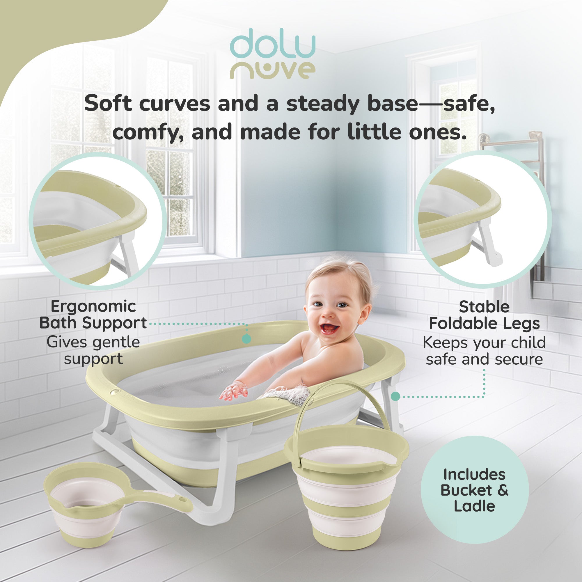 Dolu Nuve 3-Piece Foldable Baby Bath Set, Infant Tub, Bucket & Rinse Cup, Green - VMInnovations