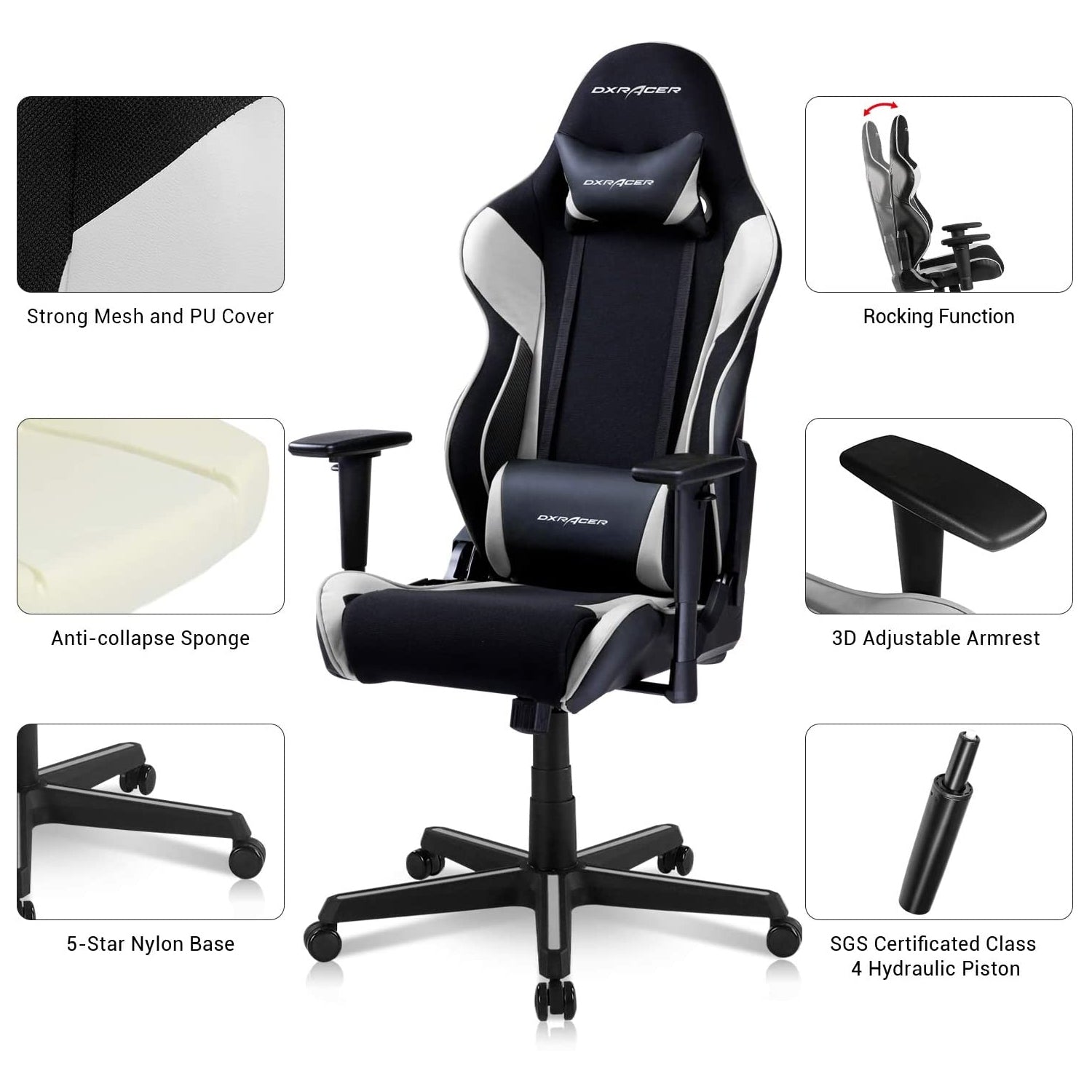 DXRacer Racing Ergonomic Home Office Desk Computer Gaming Chair, Black & White