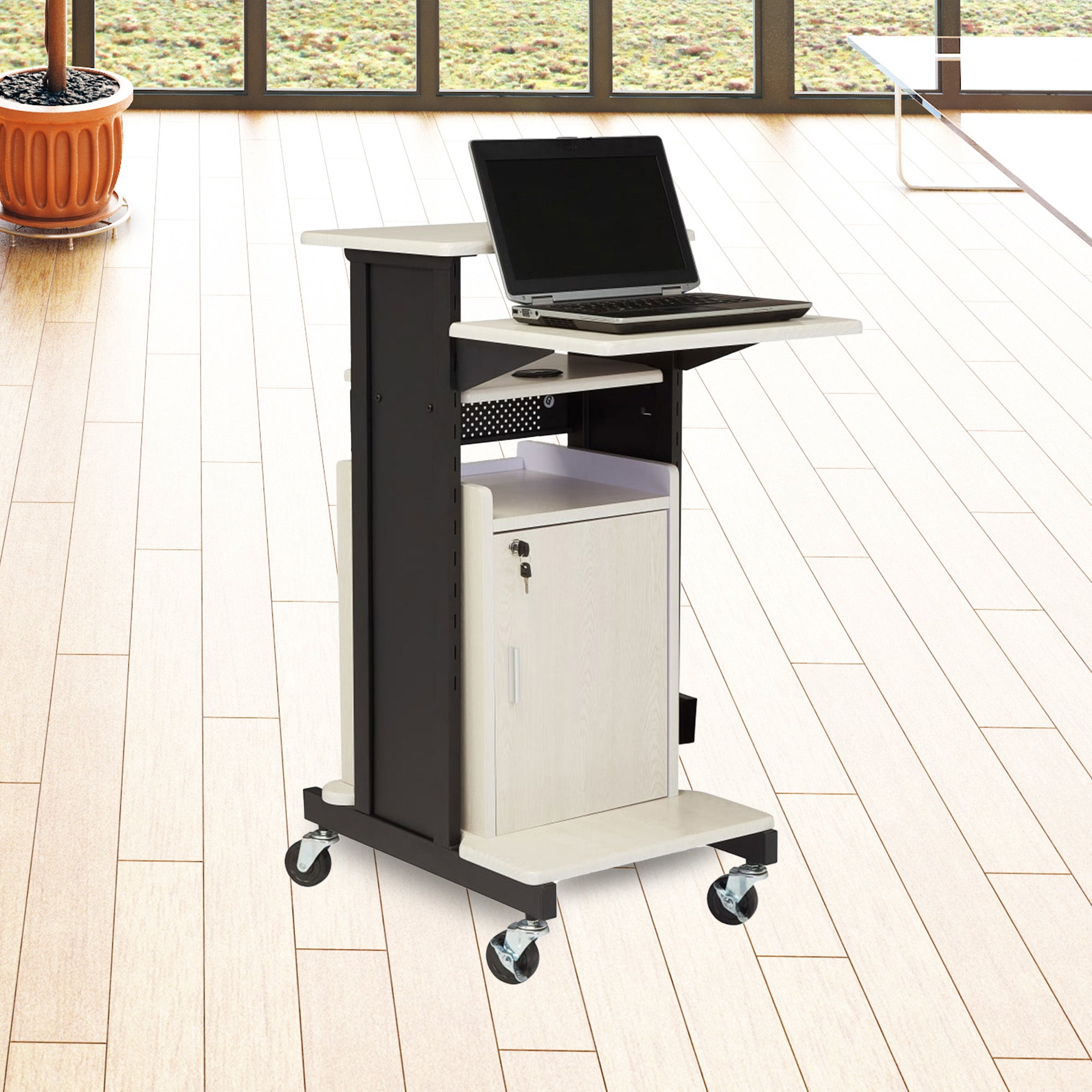 Oklahoma Sound Premium Plus Steel Presentation Cart w/Cabinet, Ivory/Black(Used) - VMInnovations