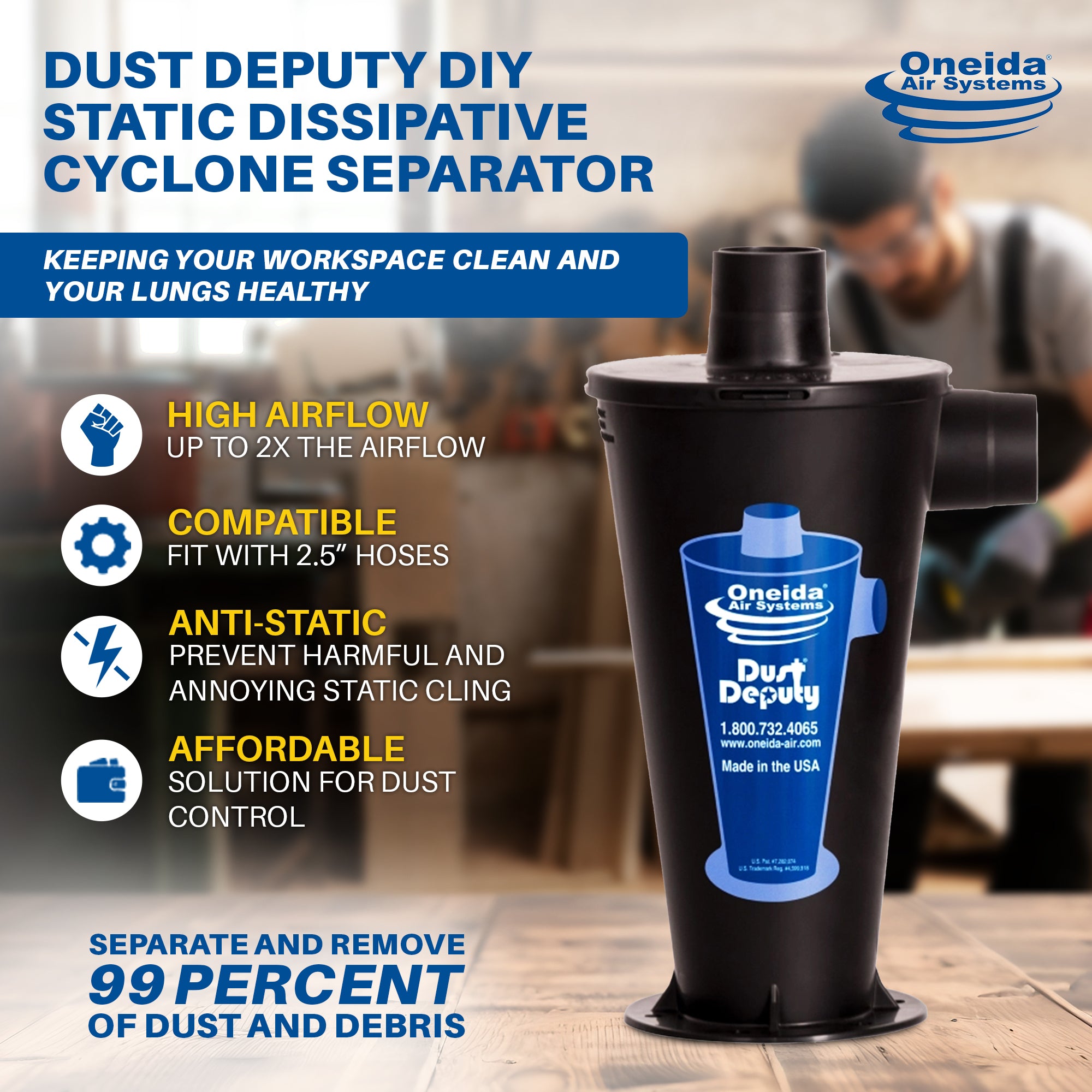 Oneida Air Systems Dust Deputy DIY Static Dissipative Cyclone Separator, Black - VMInnovations