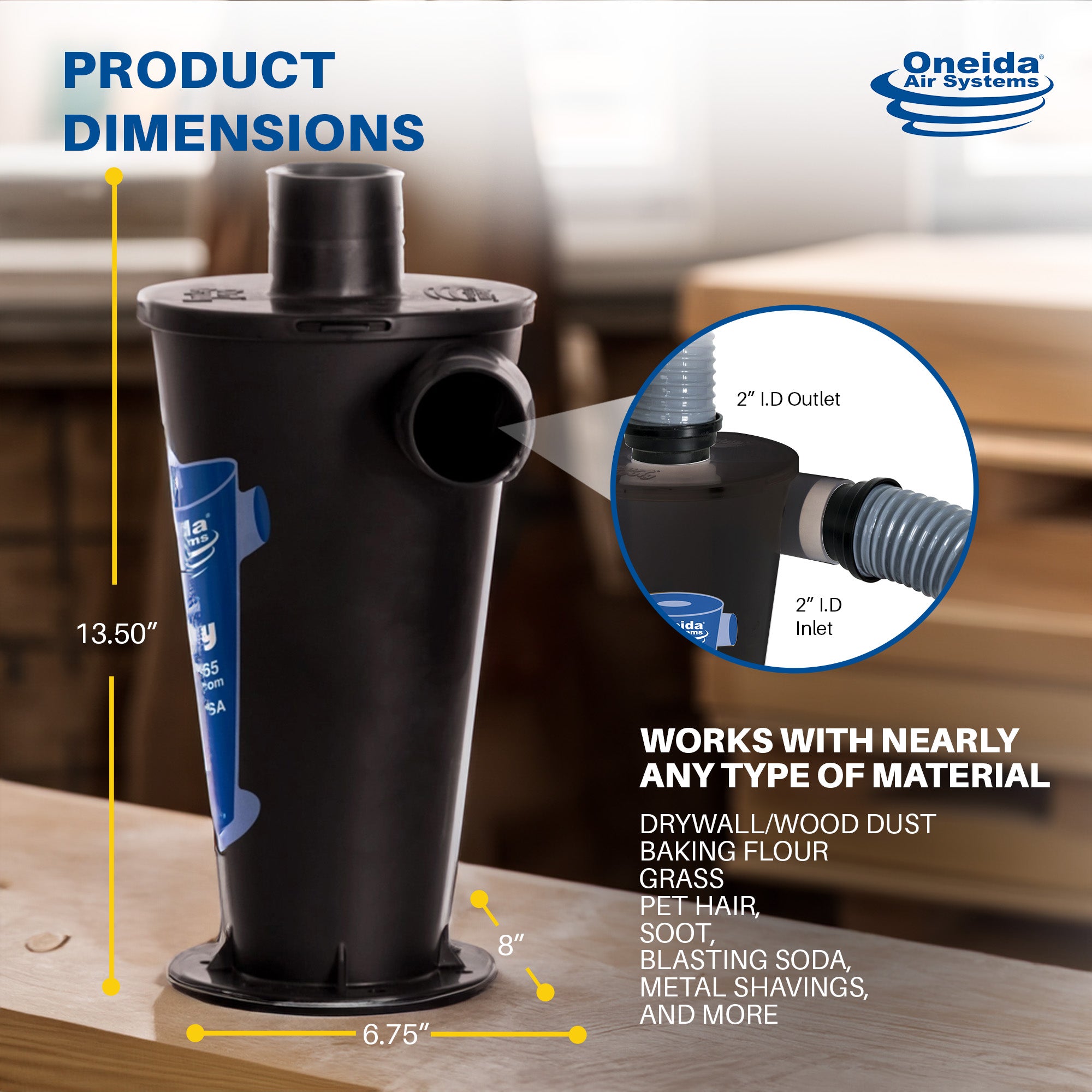 Oneida Air Systems Dust Deputy DIY Static Dissipative Cyclone Separator, Black - VMInnovations
