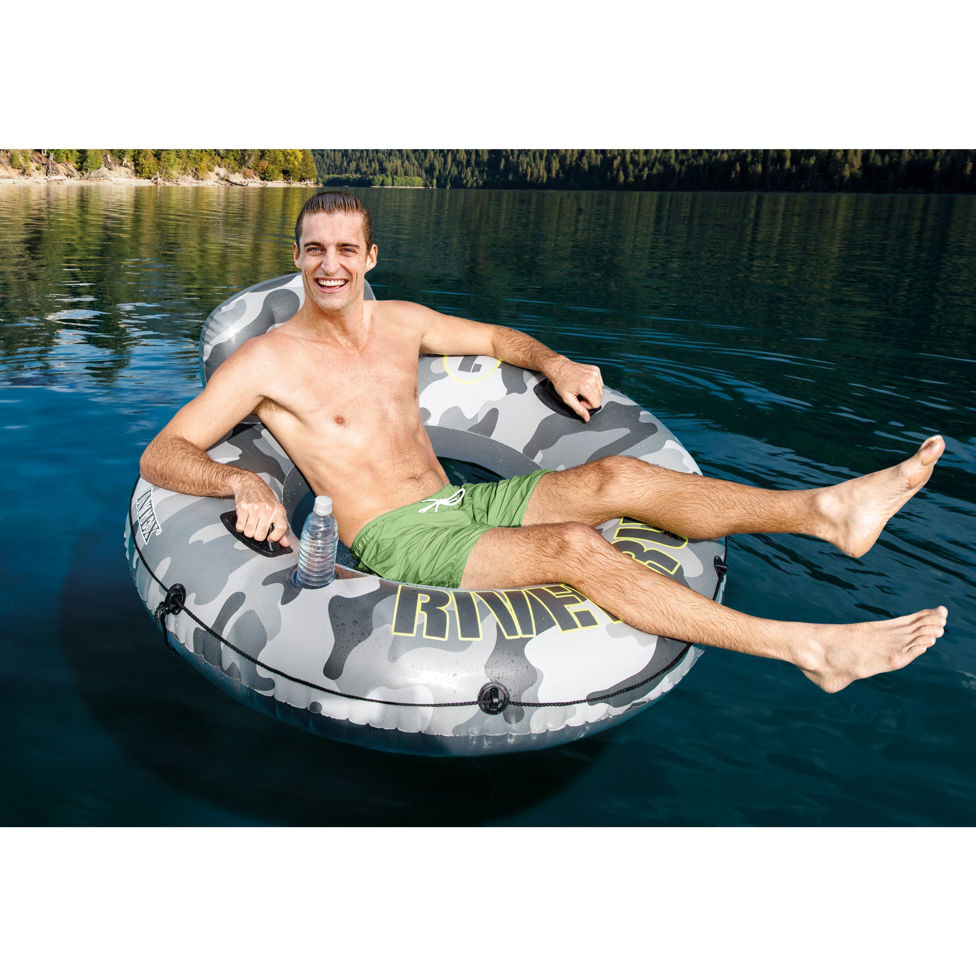 Intex 56835EP River Run I Camo Inflatable Floating Tube Raft with Cup Holders - VMInnovations