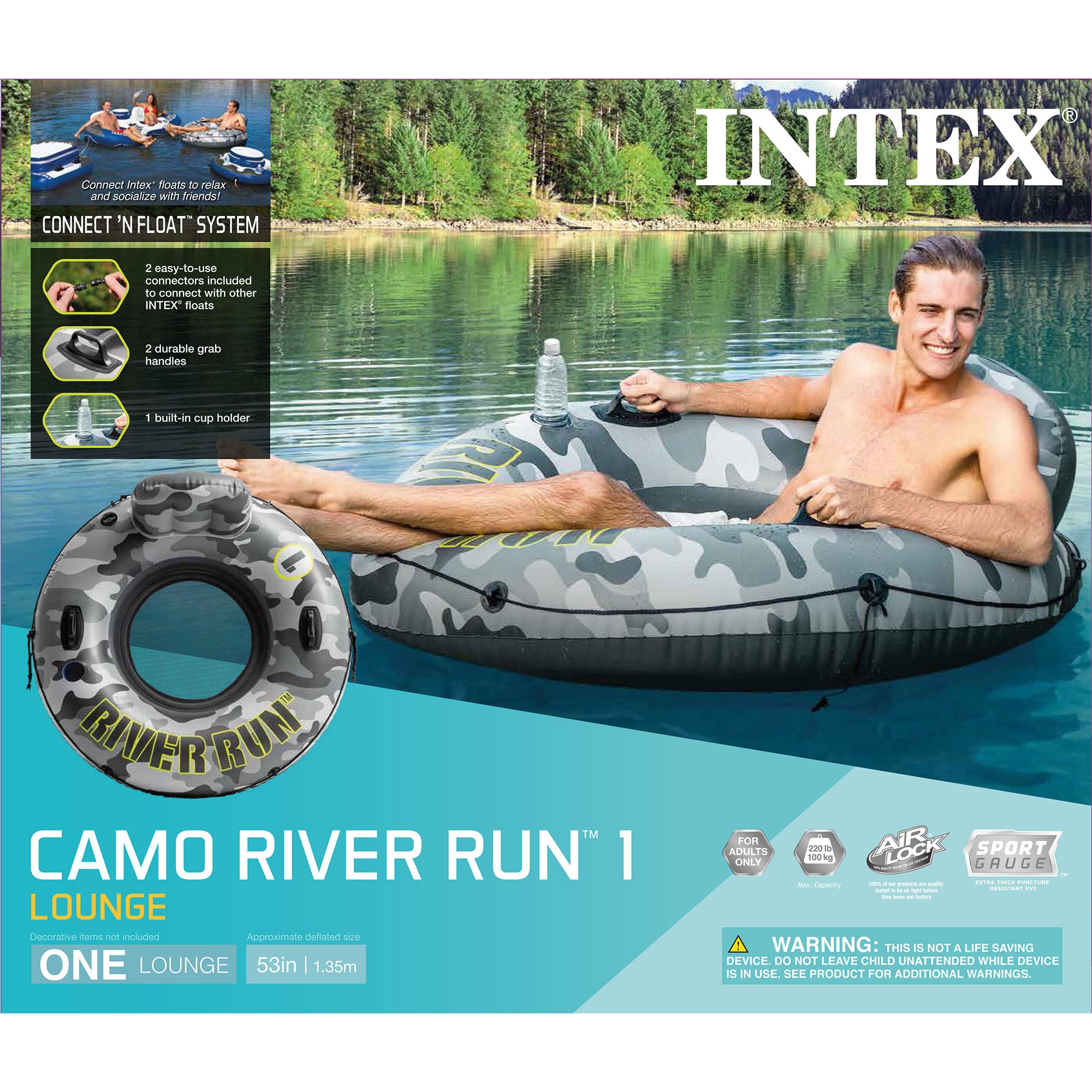 Intex 56835EP River Run I Camo Inflatable Floating Tube Raft with Cup Holders - VMInnovations