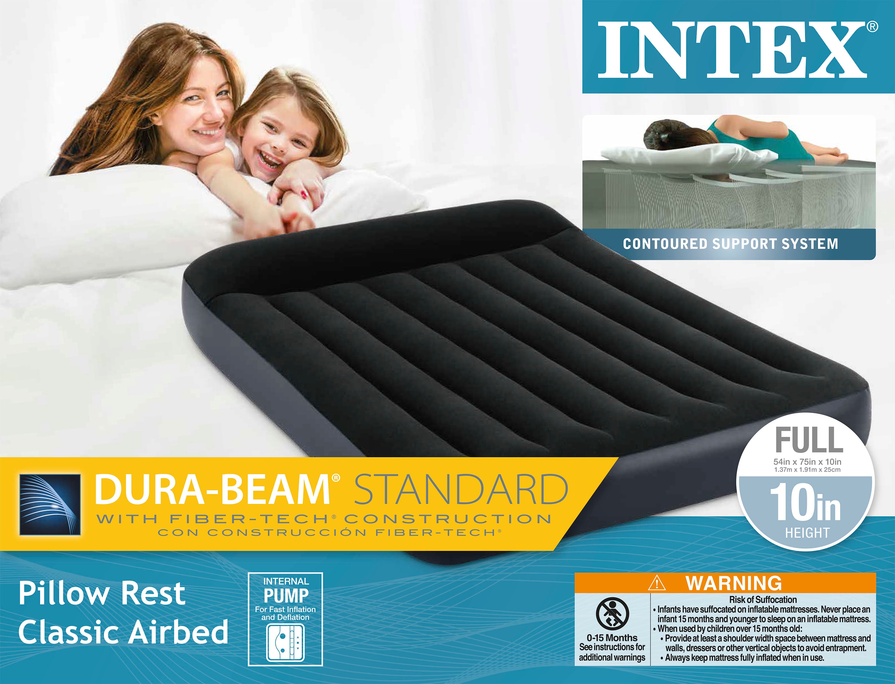 Intex Dura Beam Standard Classic Pillow Rest Airbed Mattress with Pump, Full