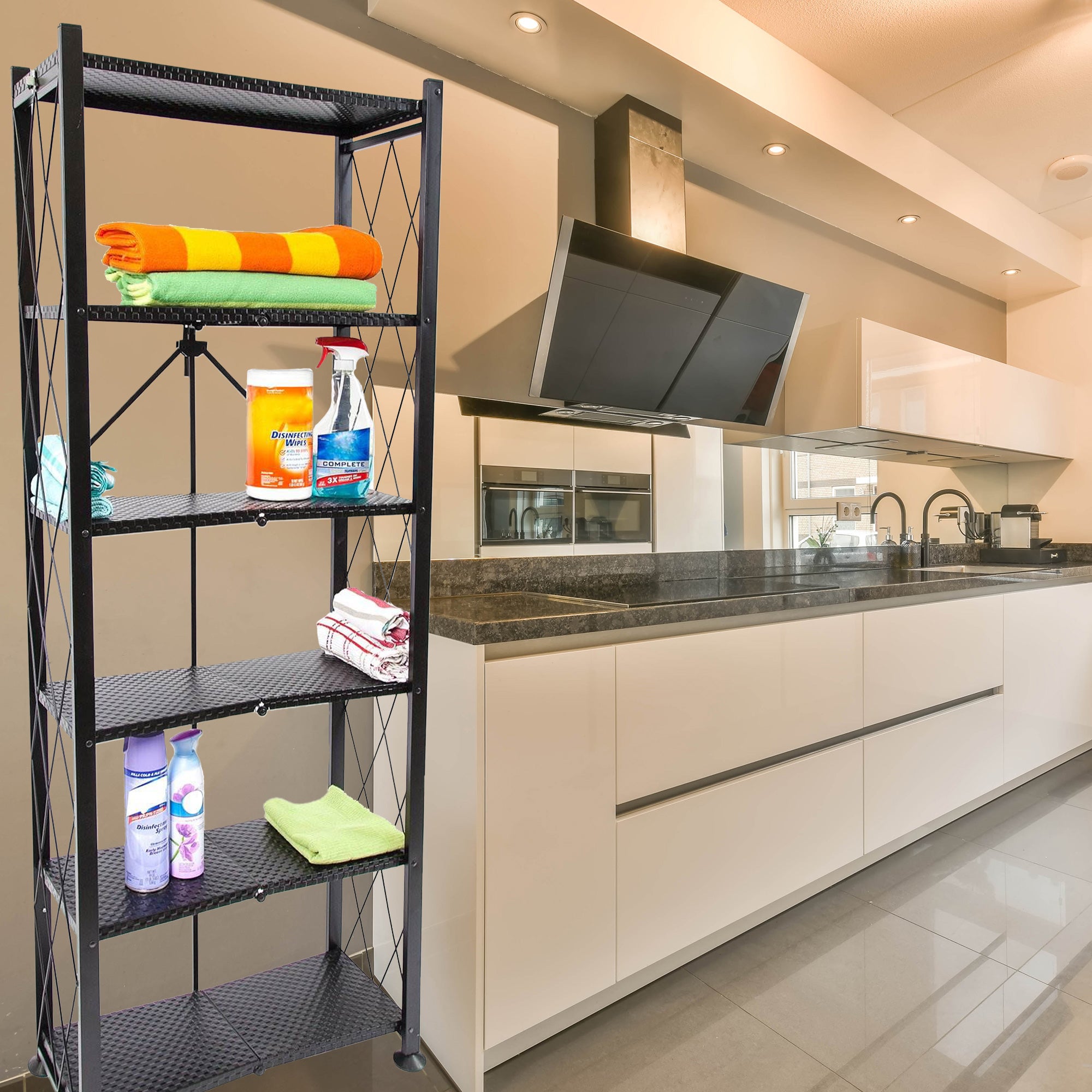 Origami 6 Tier Classic Stamped Steel Bookcase Organizer Storage Rack, Black - VMInnovations