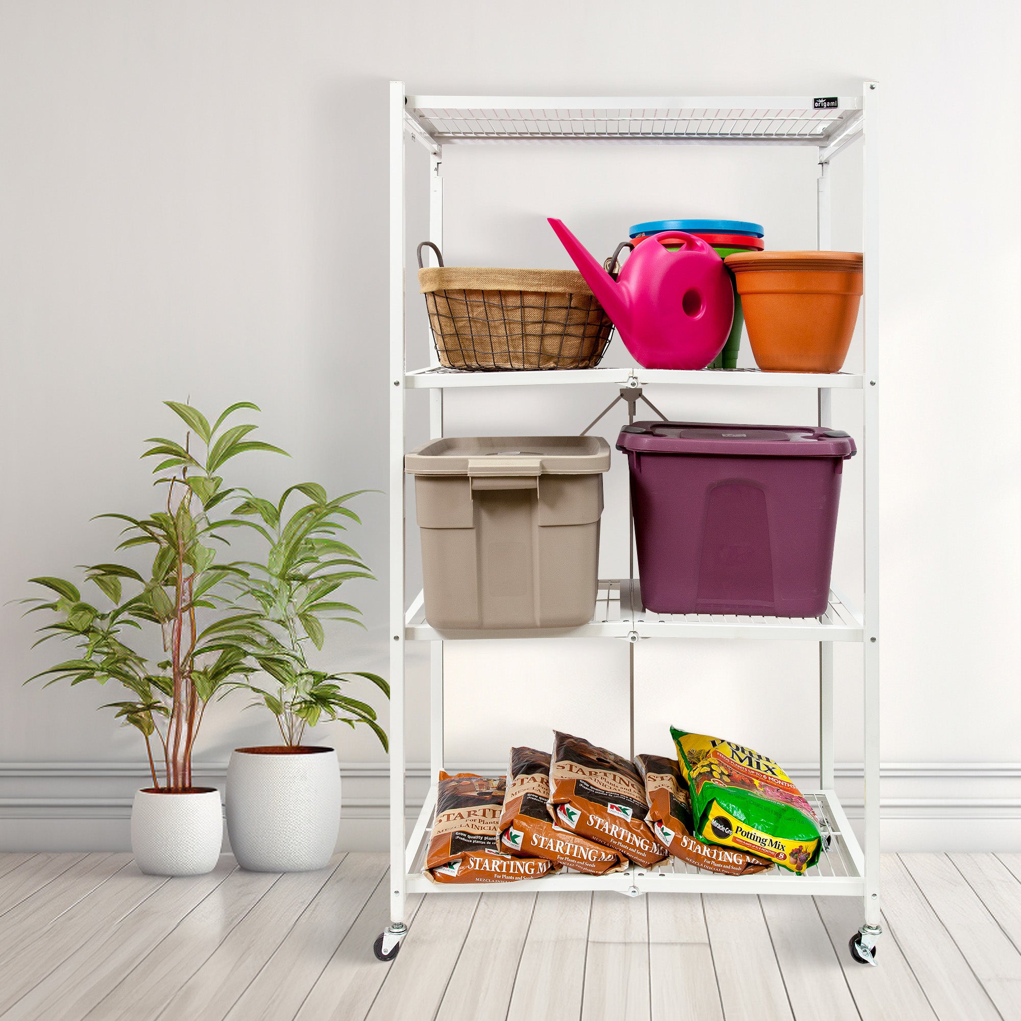 Origami R5 Foldable 4 Tier Storage Rack w/ Wheels, White, Certified Refurbished - VMInnovations