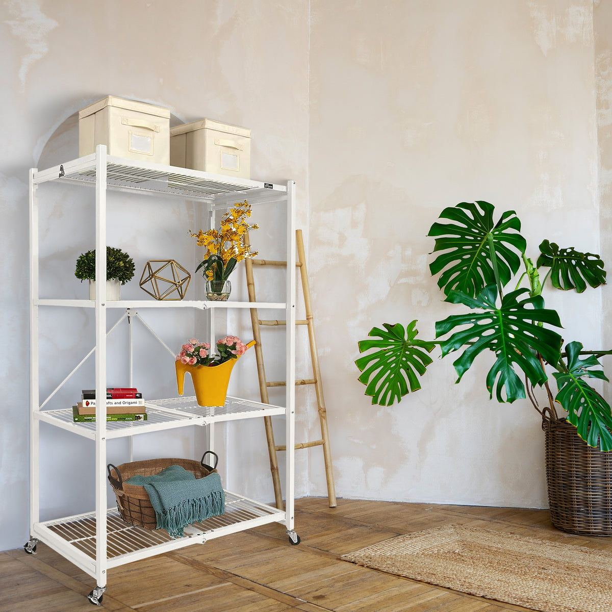 Origami R5 Foldable 4 Tier Storage Rack w/ Wheels, White, (Used) - VMInnovations