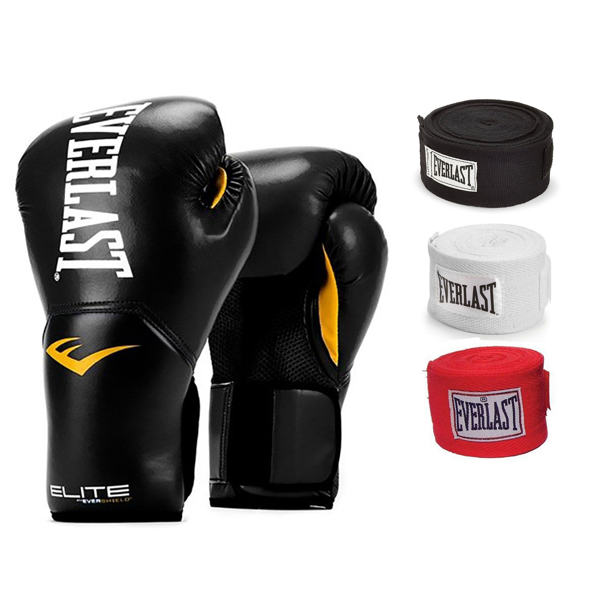 Everlast Black Elite ProStyle Boxing Gloves 14 Oz & 120-Inch Hand Wraps (3 Pack)