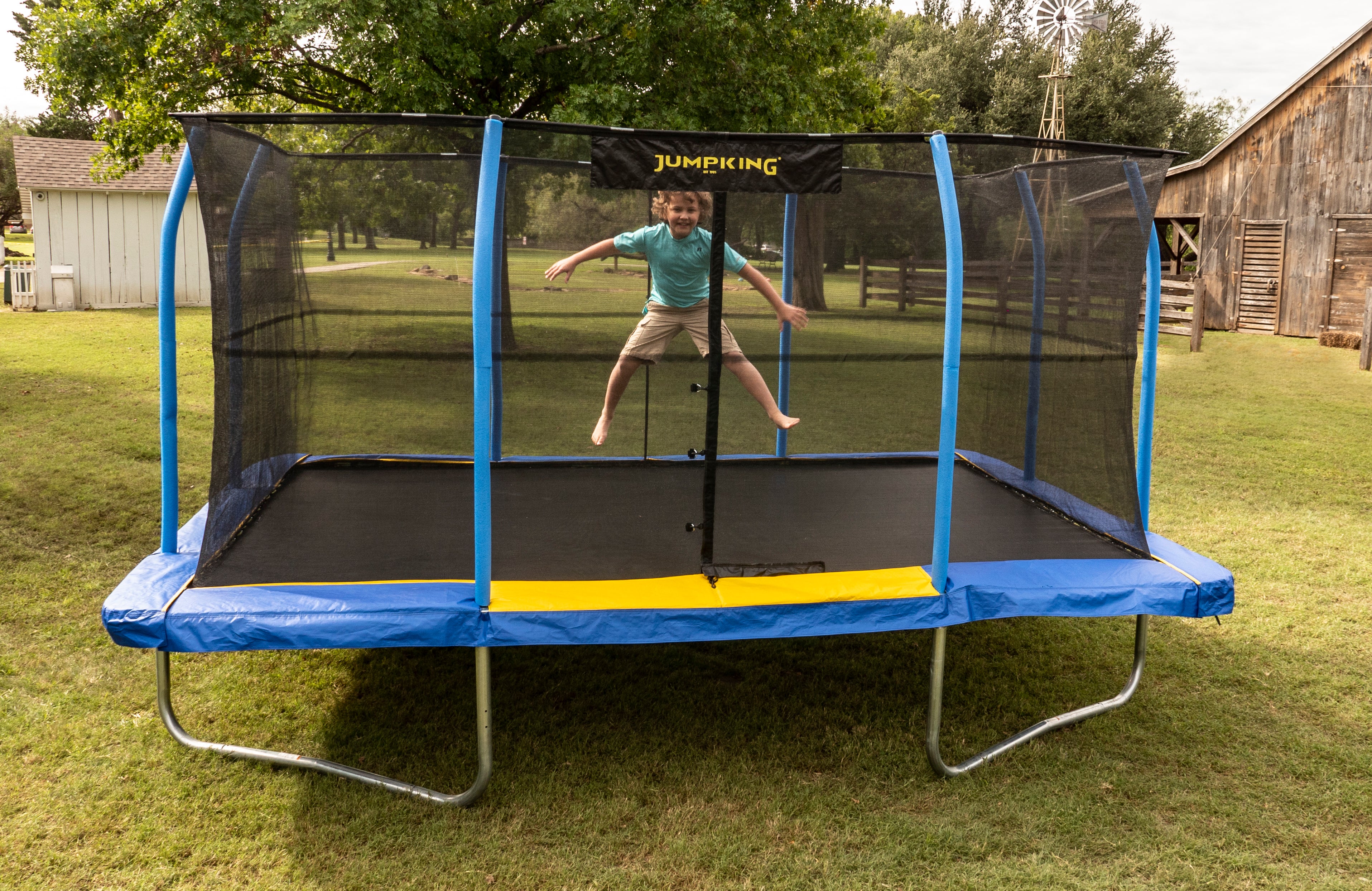 JumpKing JKRC1014C319 10 x 14 Foot Enclosed Rectangular Trampoline with G3 Pole - VMInnovations