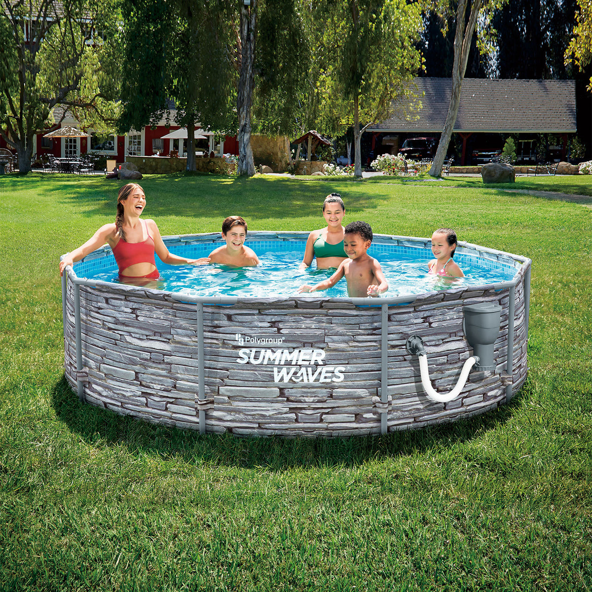 Summer Waves Active 12 Foot Stone Slate Print Metal Frame Above Ground Pool Set
