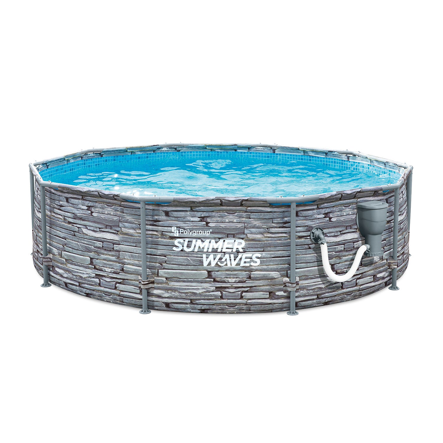 Summer Waves Active 12 Foot Stone Slate Print Metal Frame Above Ground Pool Set - VMInnovations