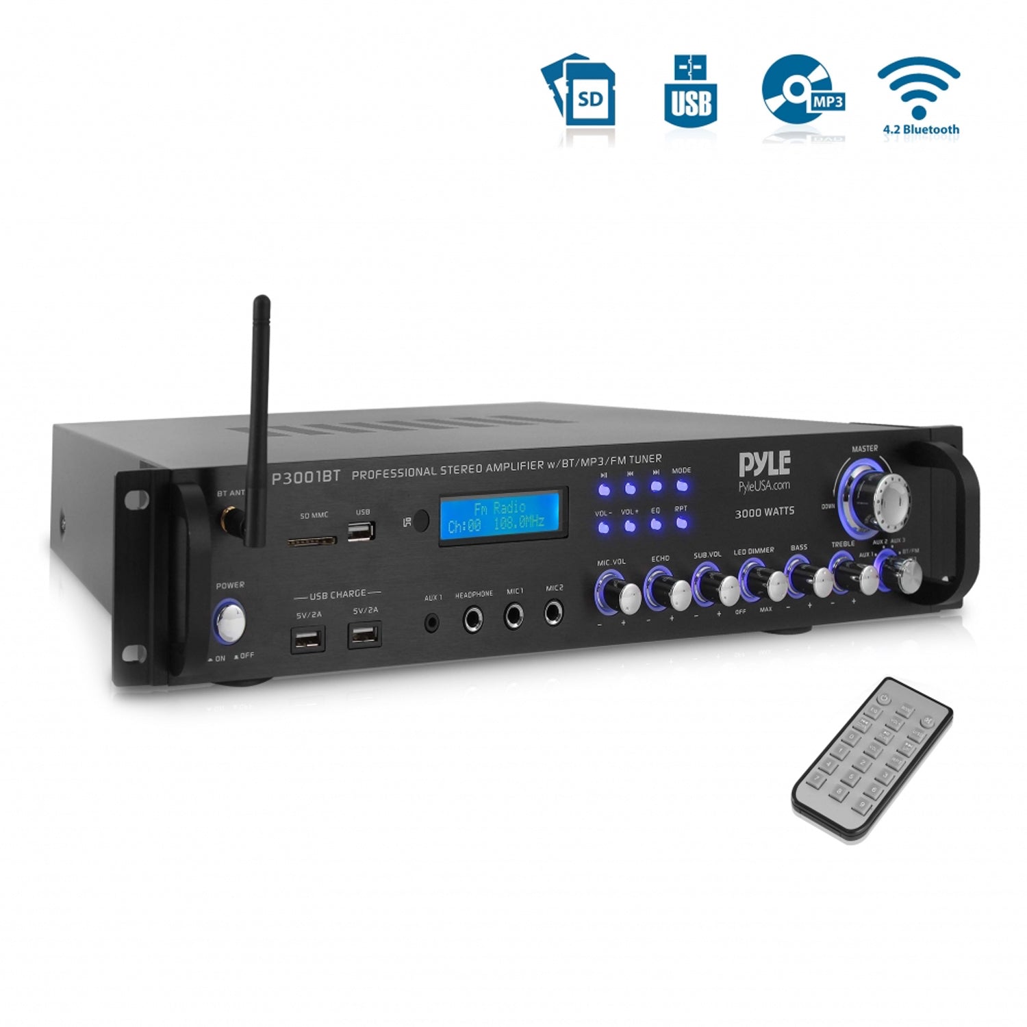 Pyle 3,000 Watt Multi Channel Bluetooth Theater Amplifier Receiver (Open Box)