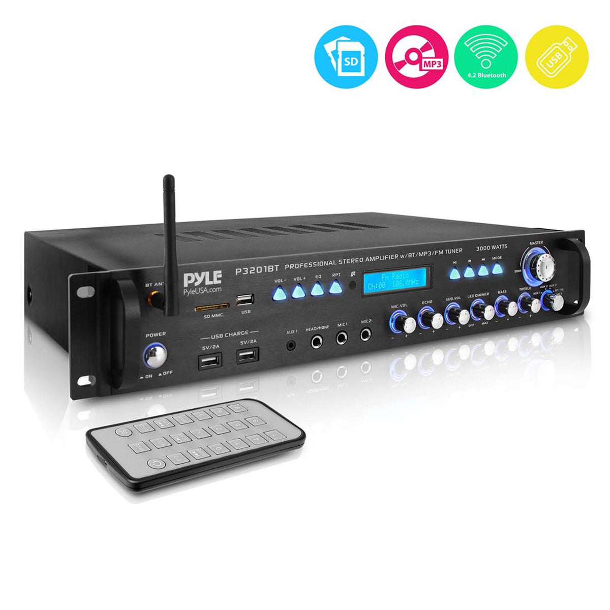 Pyle 3000 Watt Pro Home Audio Multi Channel Bluetooth Hybrid Amplifier Receiver