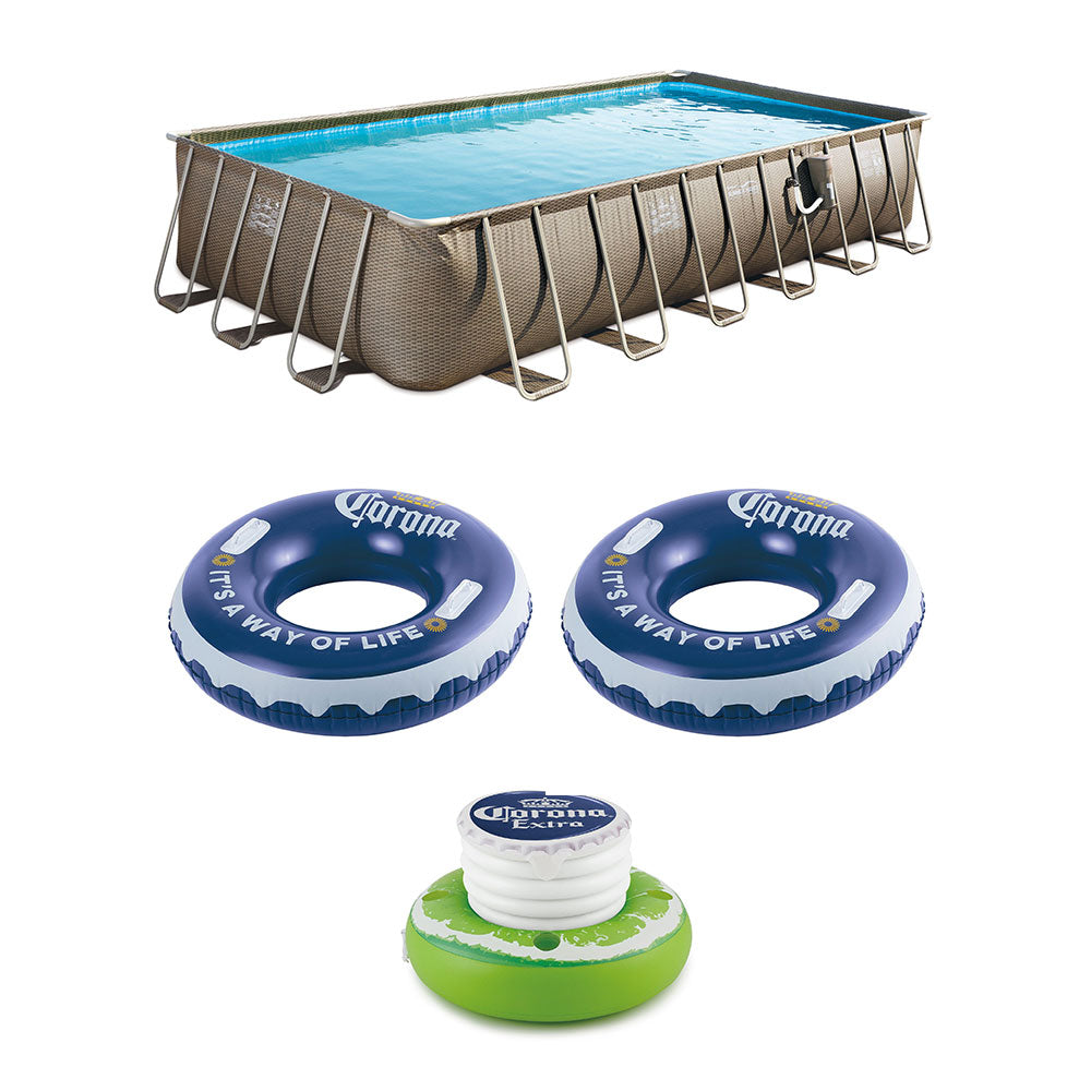 Summer Waves 24 Foot Wicker Pool w/ Inflatable Corona Float (2 Pack) & Cooler