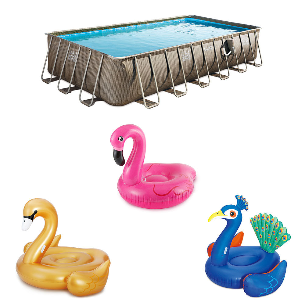 Summer Waves 24 Foot Elite Framed Wicker Basket Pool w/ Jumbo Pool Float Set