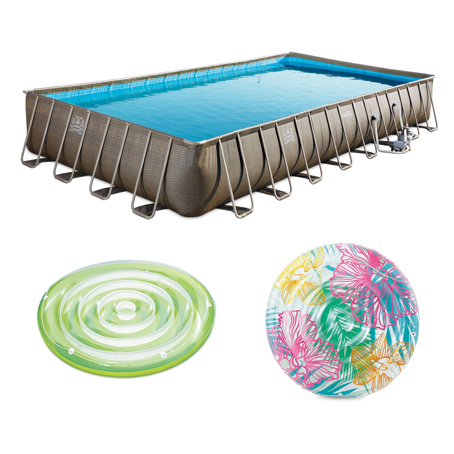 Summer Waves 32ft x 16ft x 52in Pool Set and 2 Inflatable Splash Island Floats