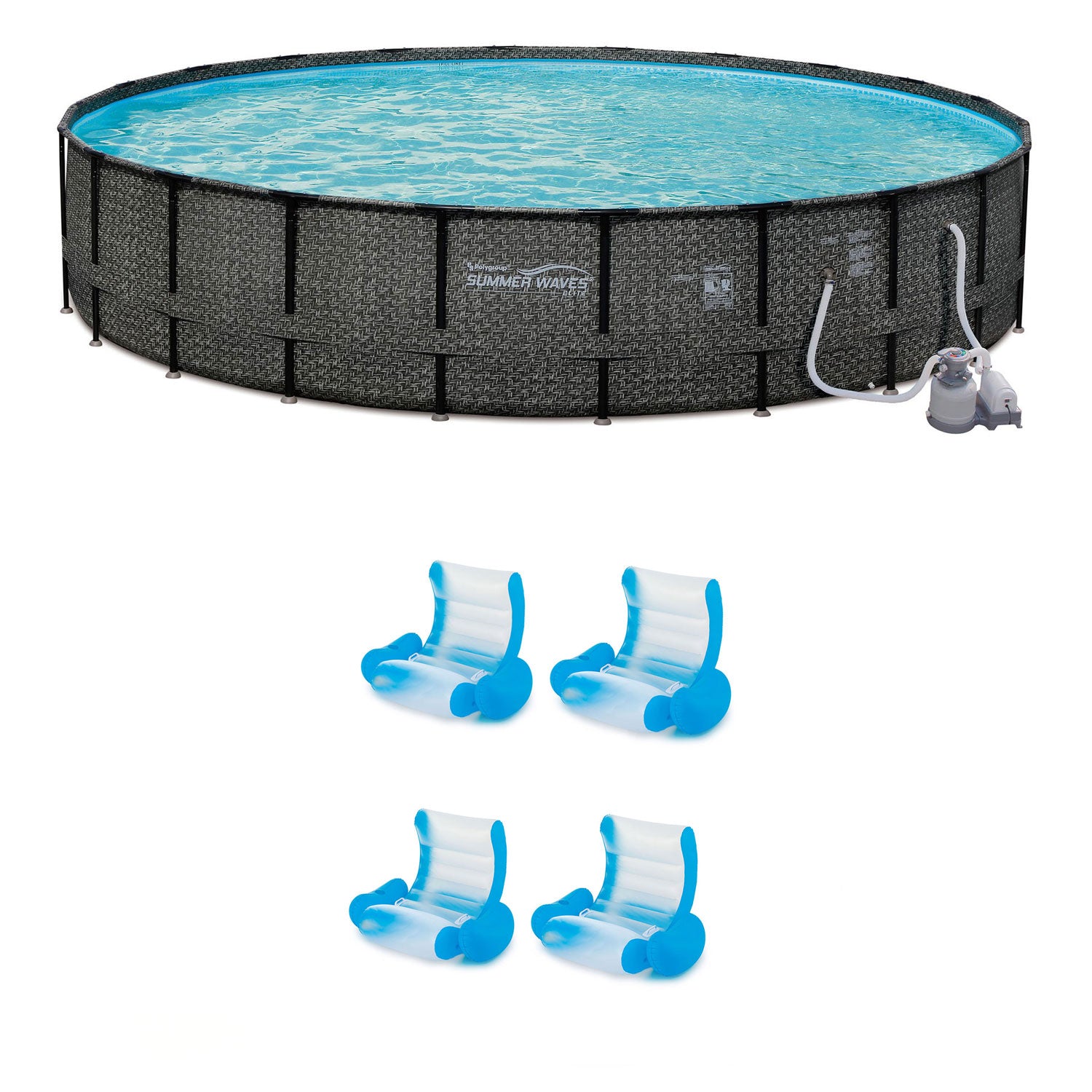 Summer Waves 24ft x 52in Pool Set and 4 Pack of Inflatable Rocking Chair Lounges - VMInnovations