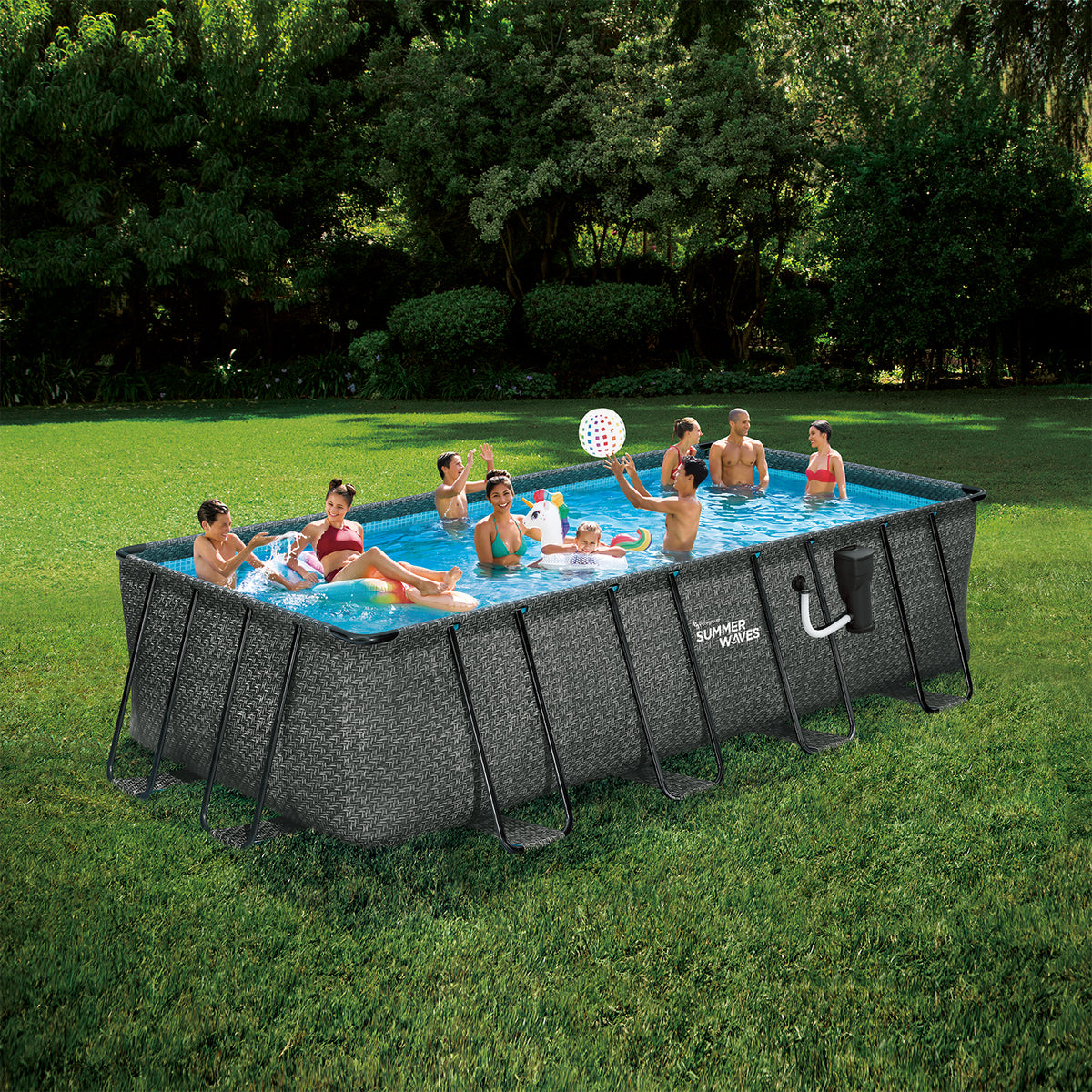 Summer Waves 18 Ft Rectangular Frame Swim Pool w/ Qualco Chlorinating Tab Kit