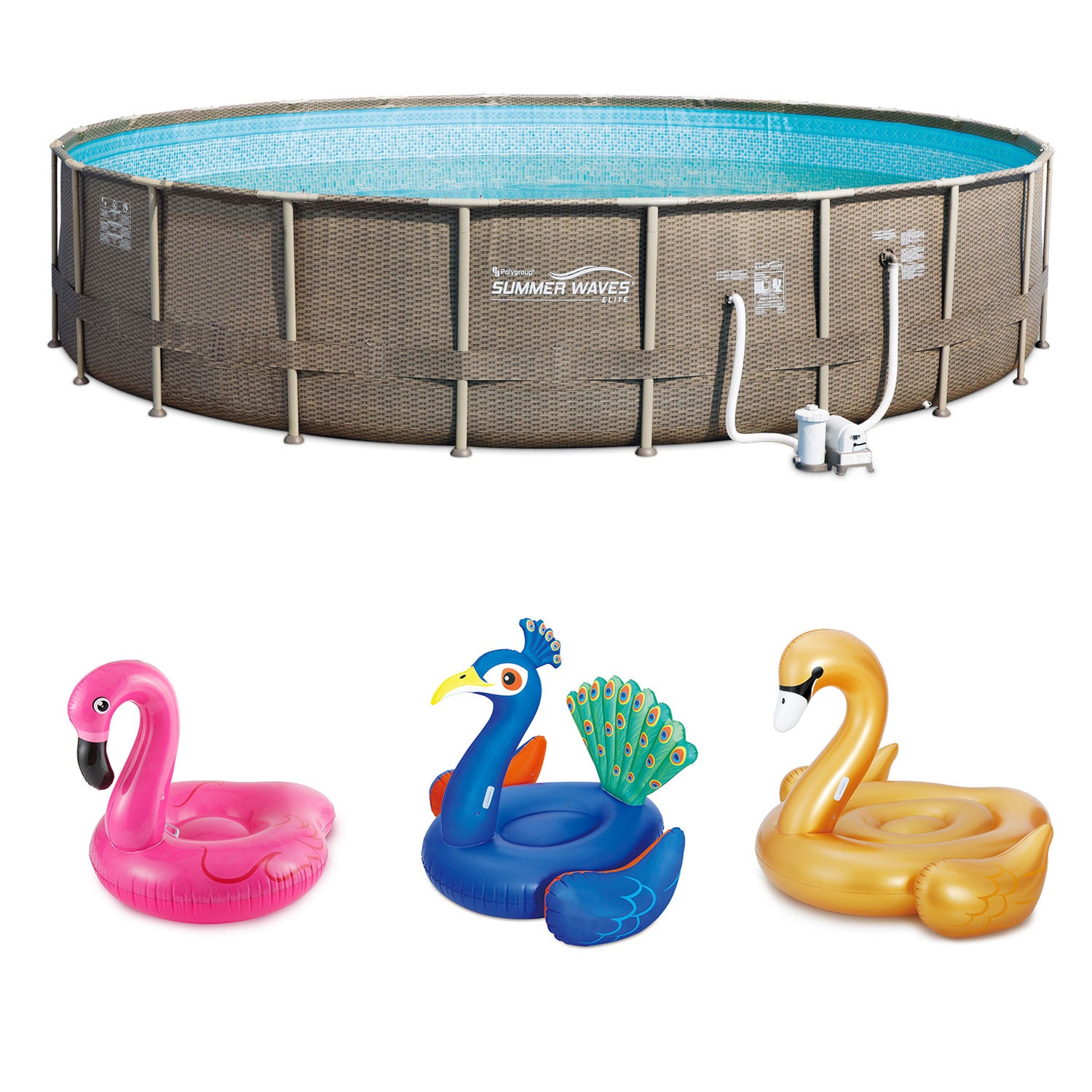 Summer Waves Elite 22 Foot Pool Kit + Pink Flamingo, Peacock and Swan Floats