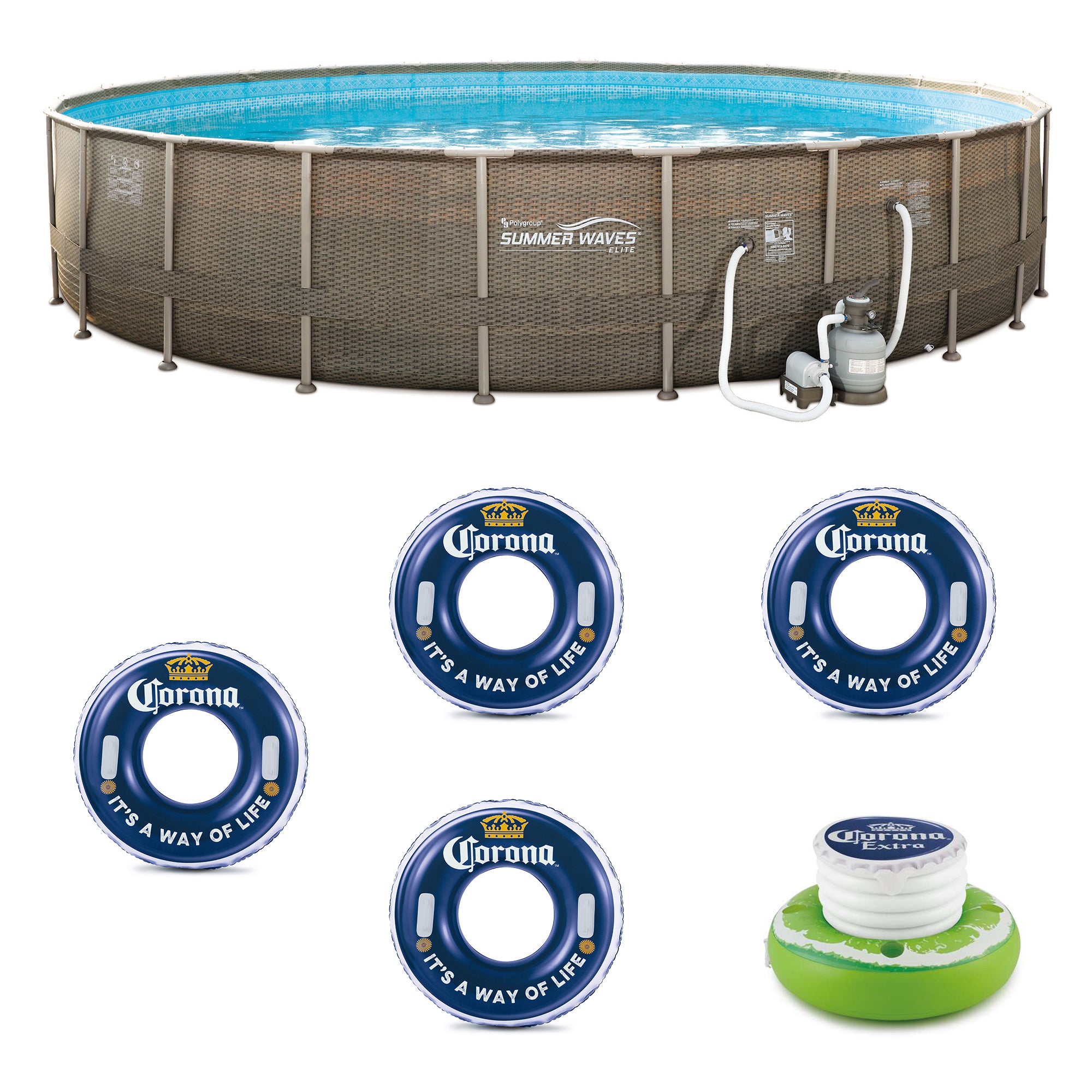 Summer Waves Frame Pool w/Corona Inflatable Tubes (4 Pack) w/Floating Cooler