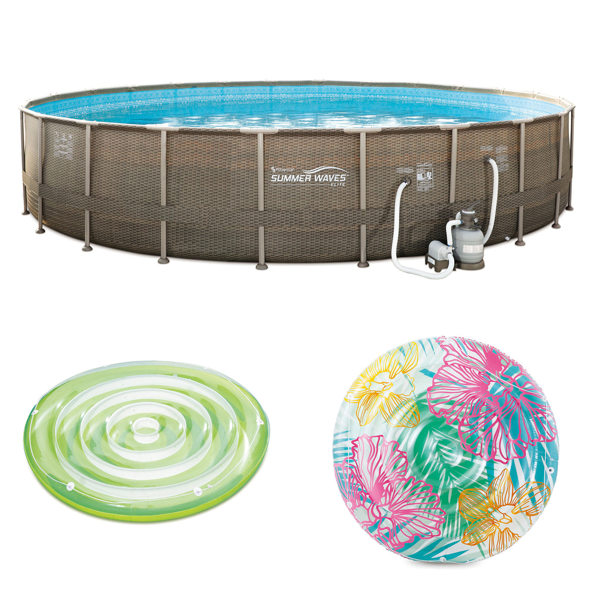 Summer Waves Round 24ft x 52in Pool with Inflatable Swirl and Hibiscus Floats