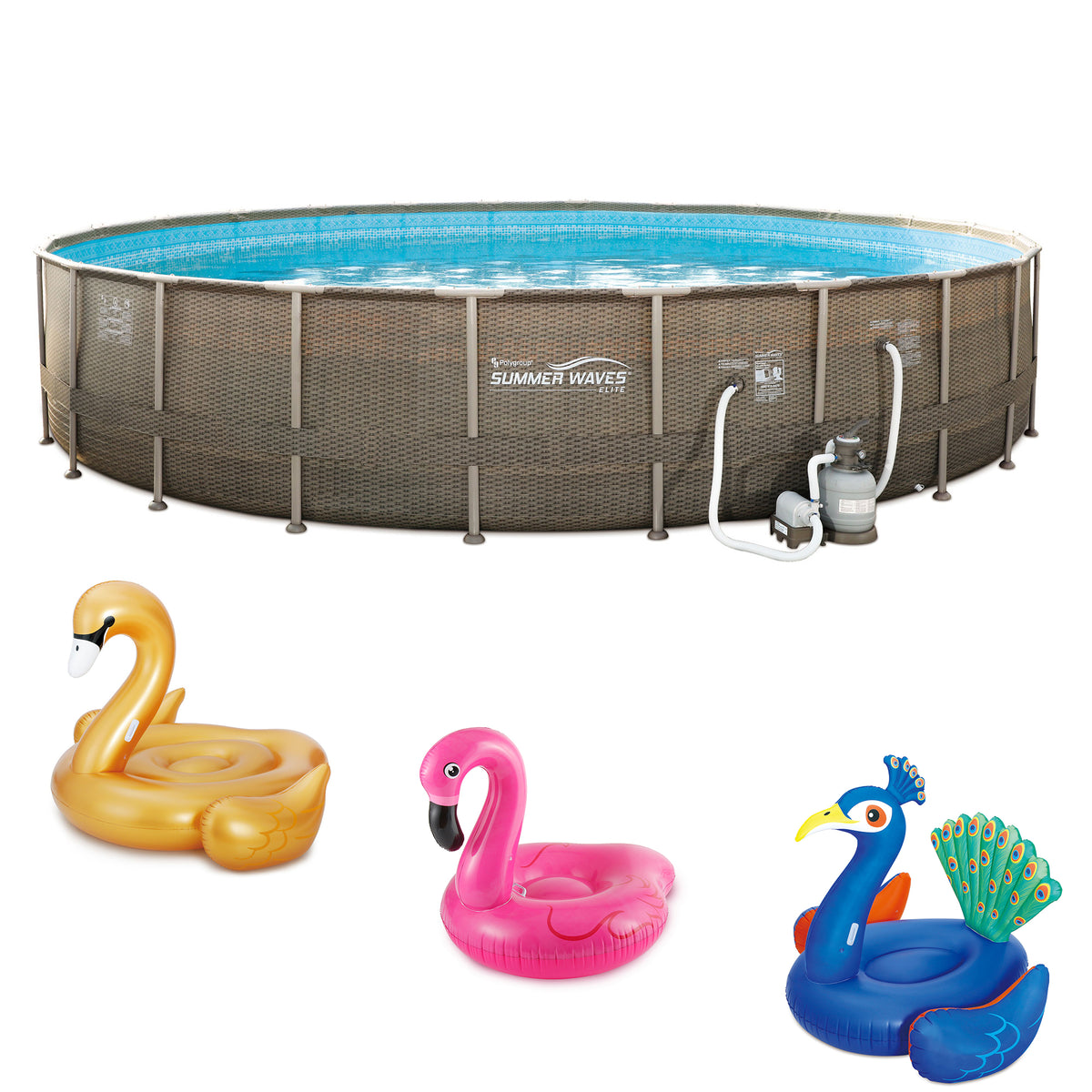 Summer Waves Round 24 Foot Frame Pool w/ Jumbo Flamingo, Swan, Peacock Floats