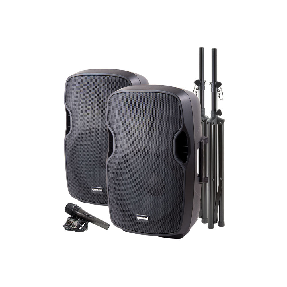 Gemini PA SYS15 Dual 15 Inch Speaker Package with Stainless Steel Stands & Mic