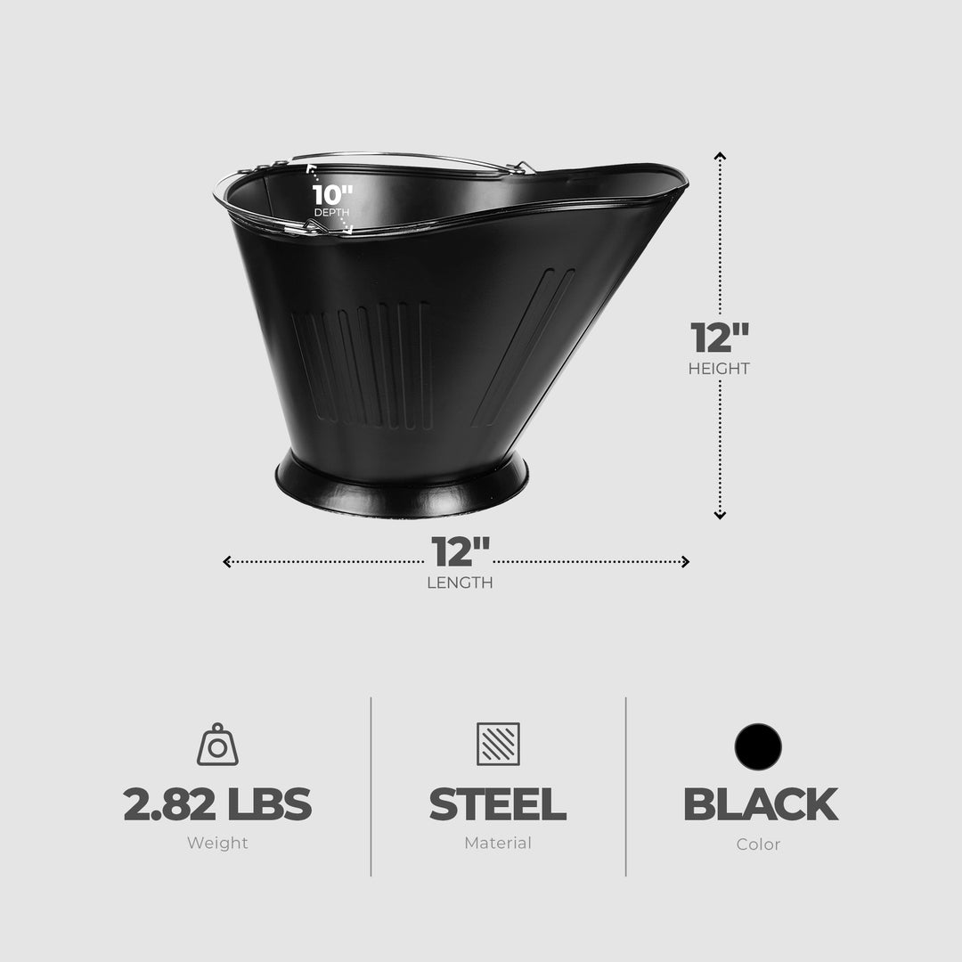 Panacea Products Modern Round Powder Coated Steel Fireplace Coal Scuttle, Black - VMInnovations