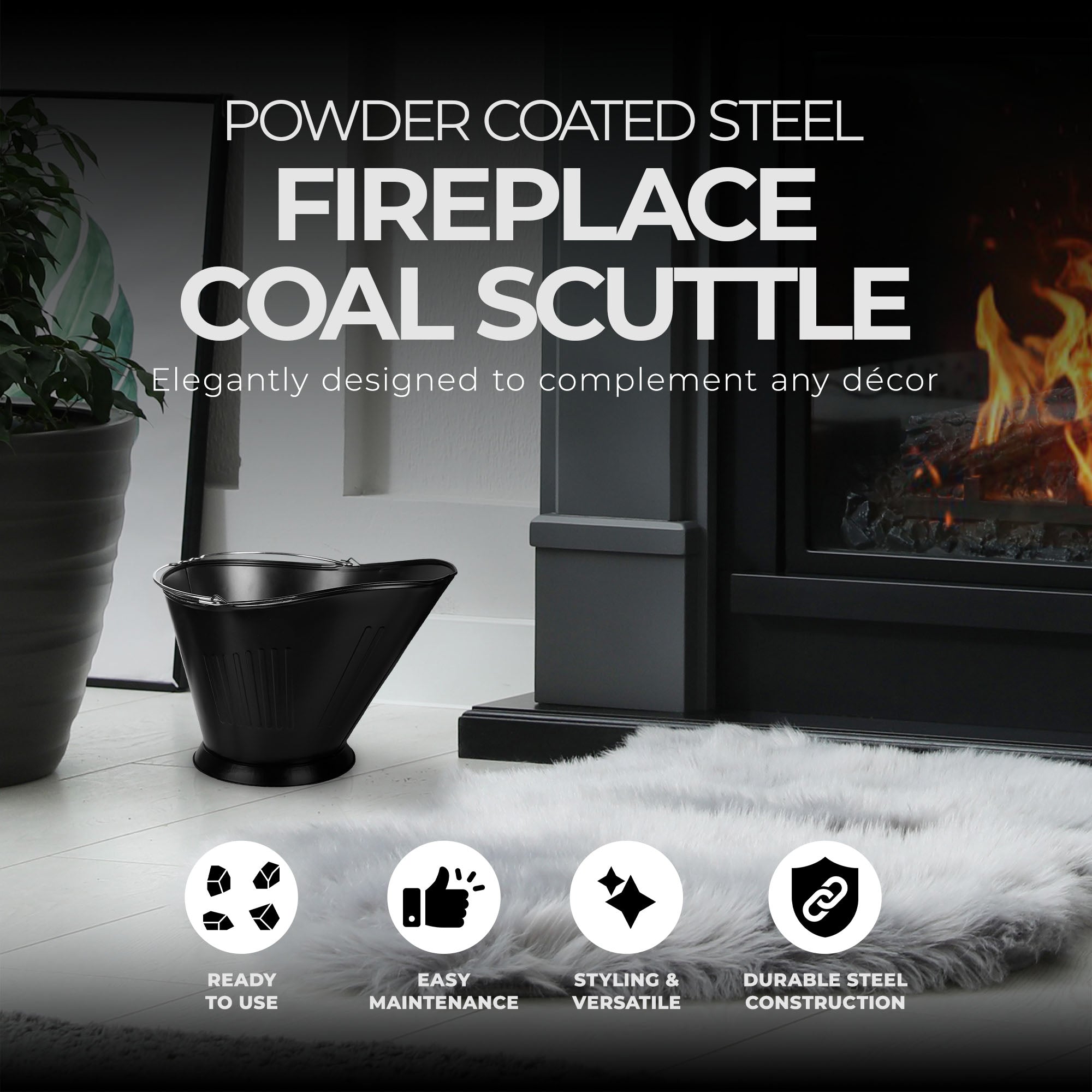 Panacea Products Modern Steel Fireplace Coal Scuttle, Black (Open Box) - VMInnovations