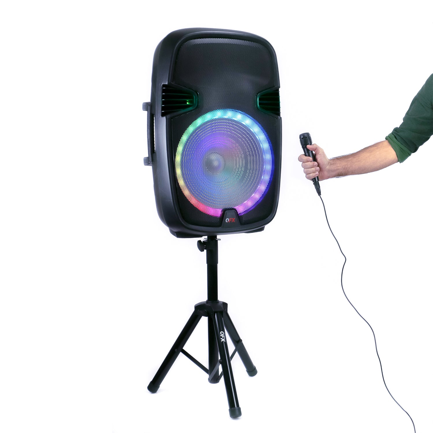 QFX 15 Inch Rechargeable Bluetooth Speaker System with LED Lights and Microphone (Refurbished)