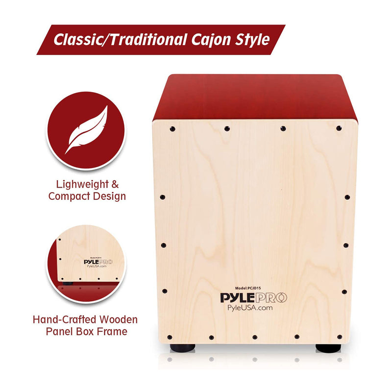 Pyle Wooden Stringed Acoustic Jam Cajon Drum Percussion Box Hand Instrument, Red