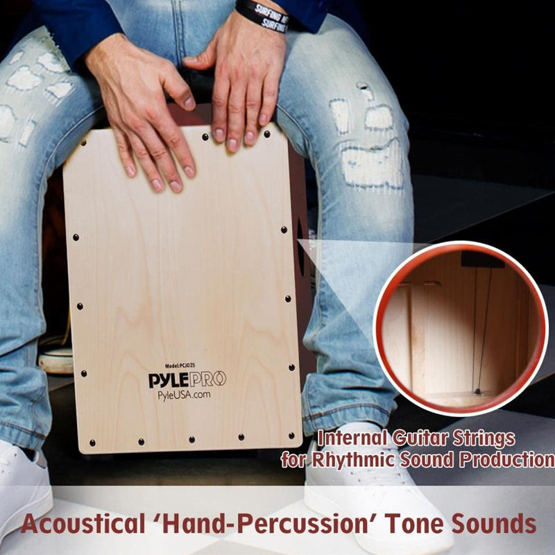 Pyle Wooden Stringed Acoustic Cajon Drum Box Percussion Hand Instrument, Brown
