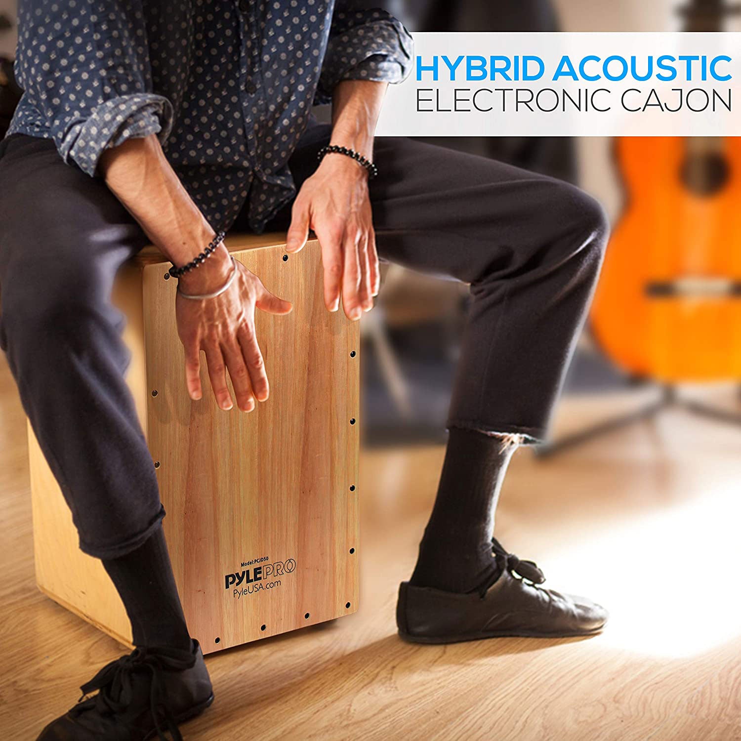 Pyle Pro Hybrid Acoustic Electric Cajon with Built In Pickup Connector (4 Pack)