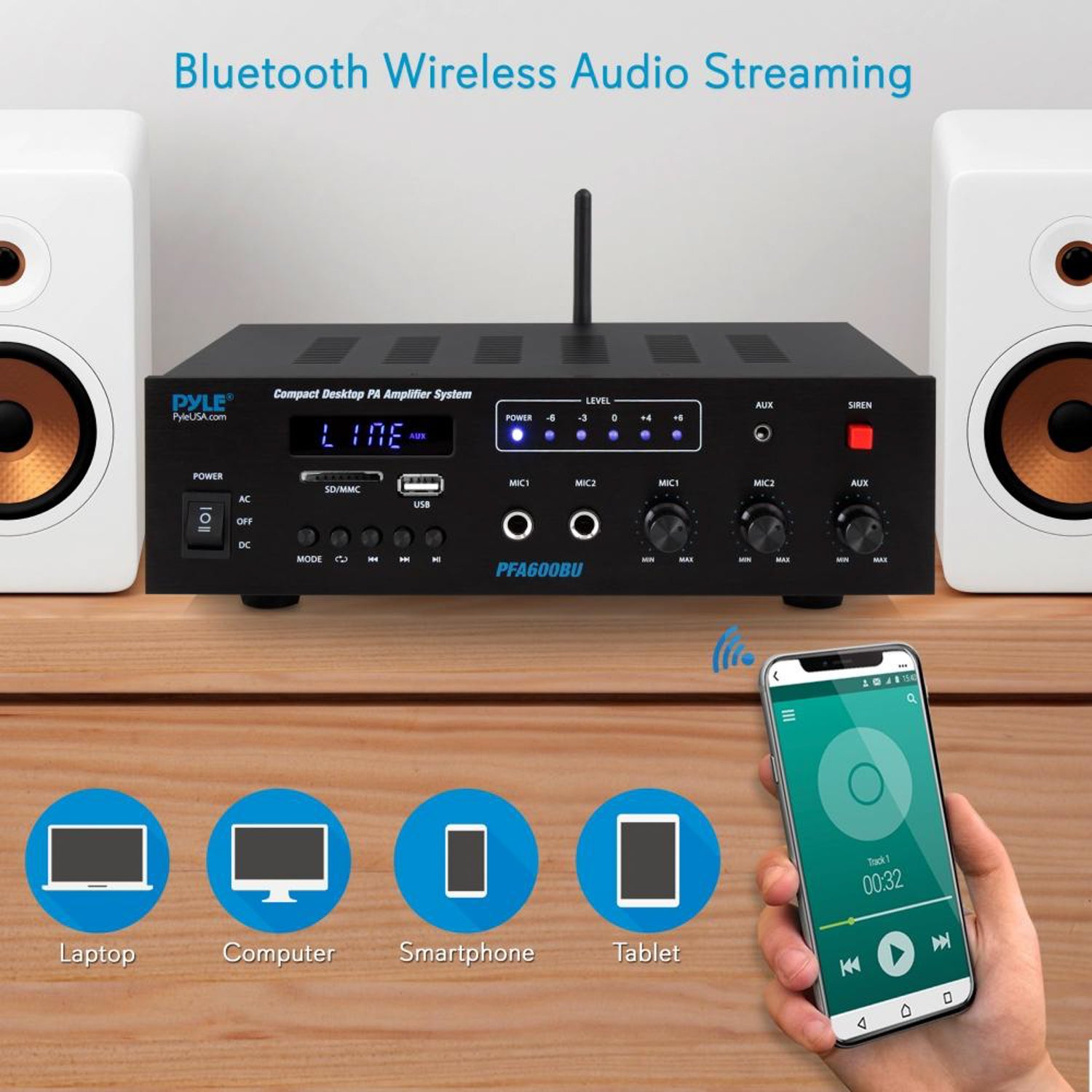Pyle PFA600BU 300W 2 Channel Compact Bluetooth Public Address Amplifier (4 Pack)