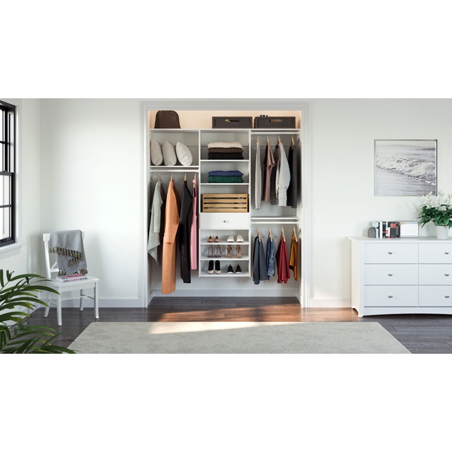 Easy Track Bedroom Closet Storage Organizer Kit with Shelves and Drawer, White - VMInnovations