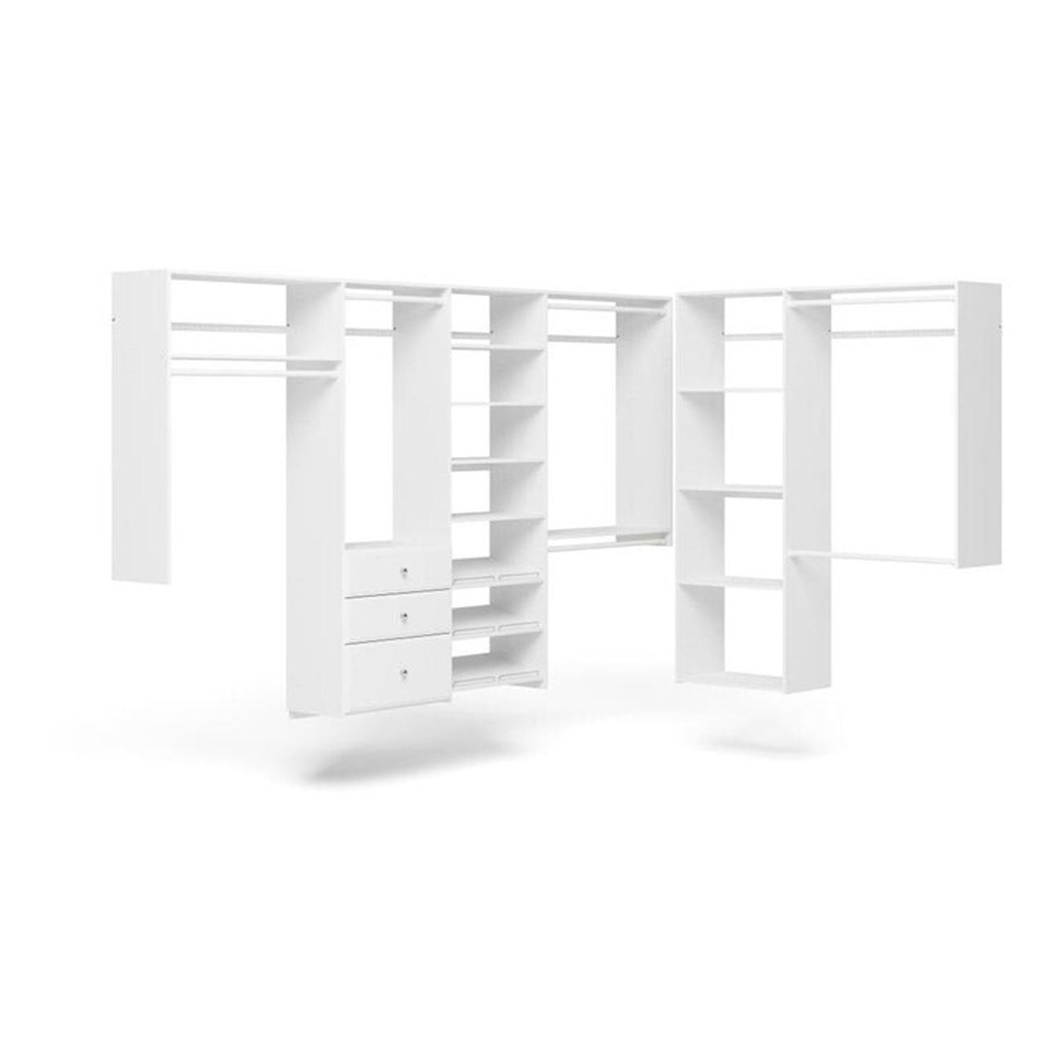 Easy Track L Shaped Walk In Closet Organizer Kit with Shelves and Drawers, White