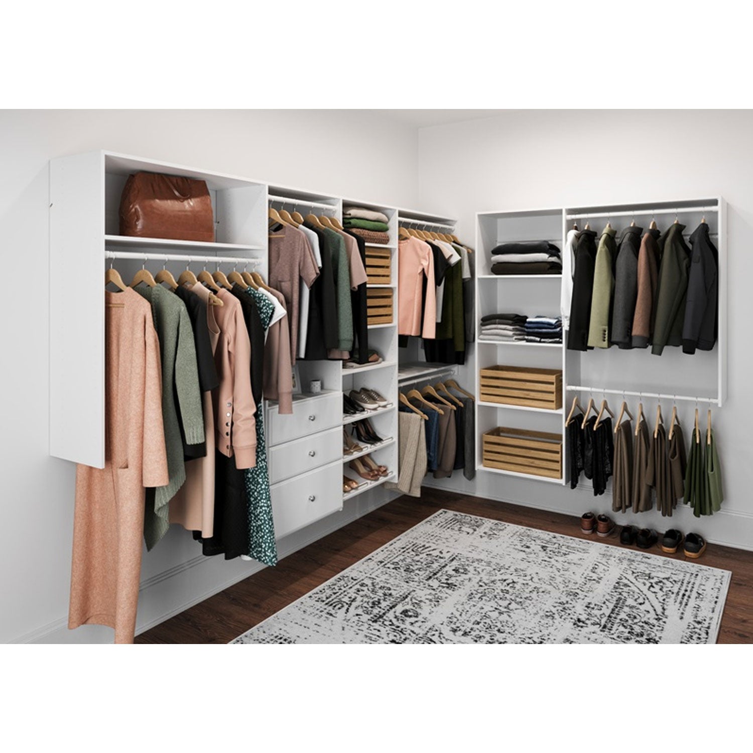 Easy Track L Shaped Walk In Closet Organizer Kit with Shelves and Drawers, White