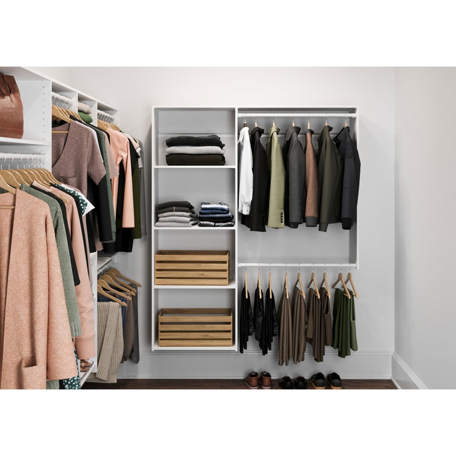 Easy Track L Shaped Walk In Closet Organizer Kit with Shelves and Drawers, White