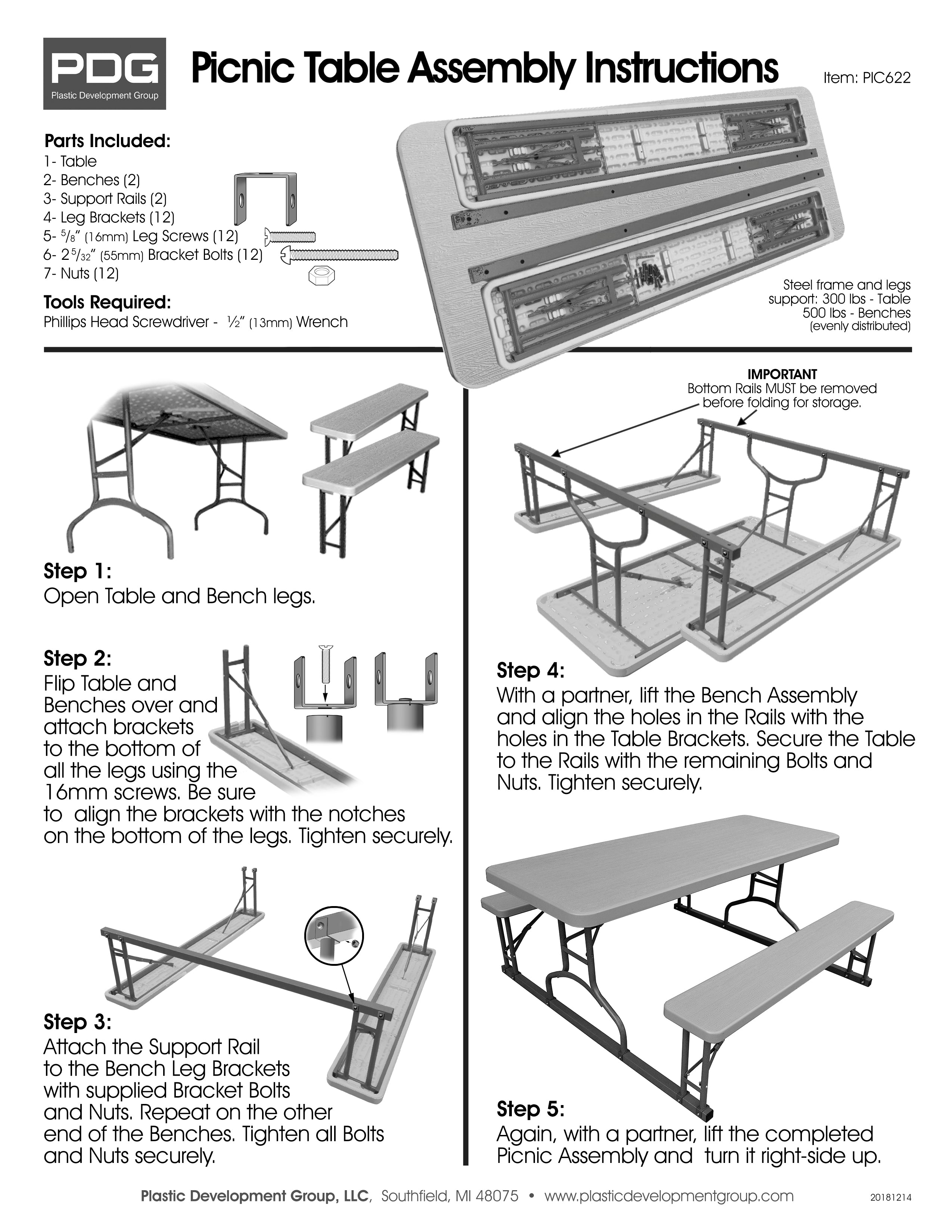Plastic Development PIC345 Steel Frame 6' Picnic Outdoor Table with Bench, White