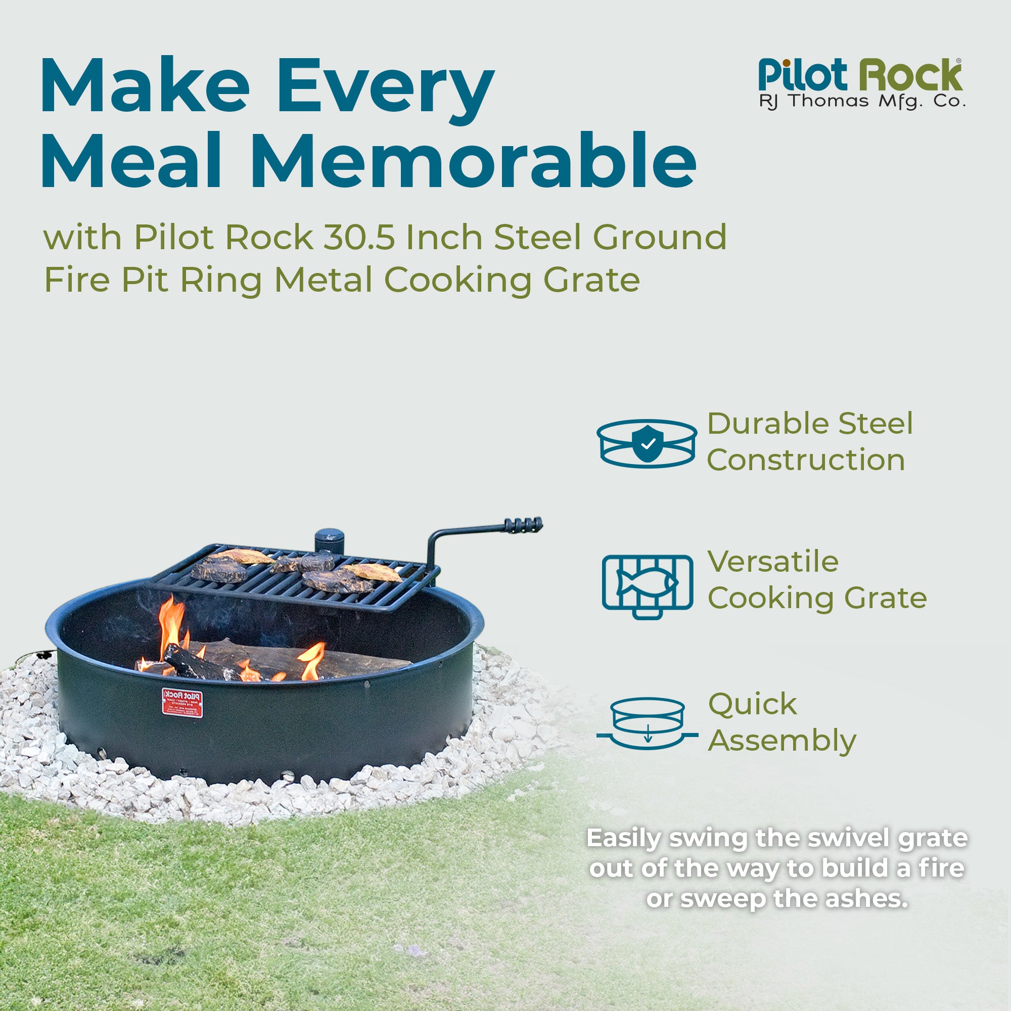 Pilot Rock 30.5" Steel Ground Fire Pit Ring and Metal Cooking Grate, Black(Used) - VMInnovations