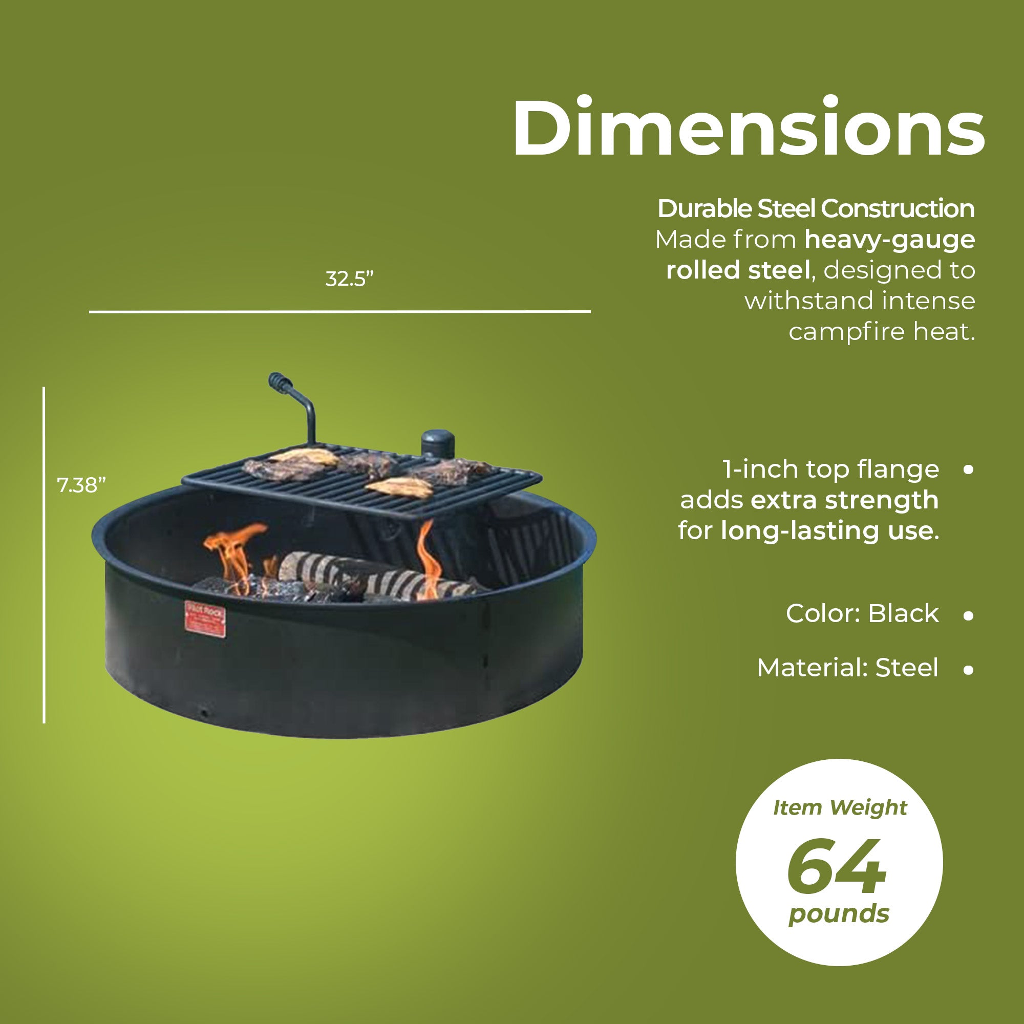 Pilot Rock 30.5" Steel Ground Fire Pit Ring and Metal Cooking Grate (Open Box)