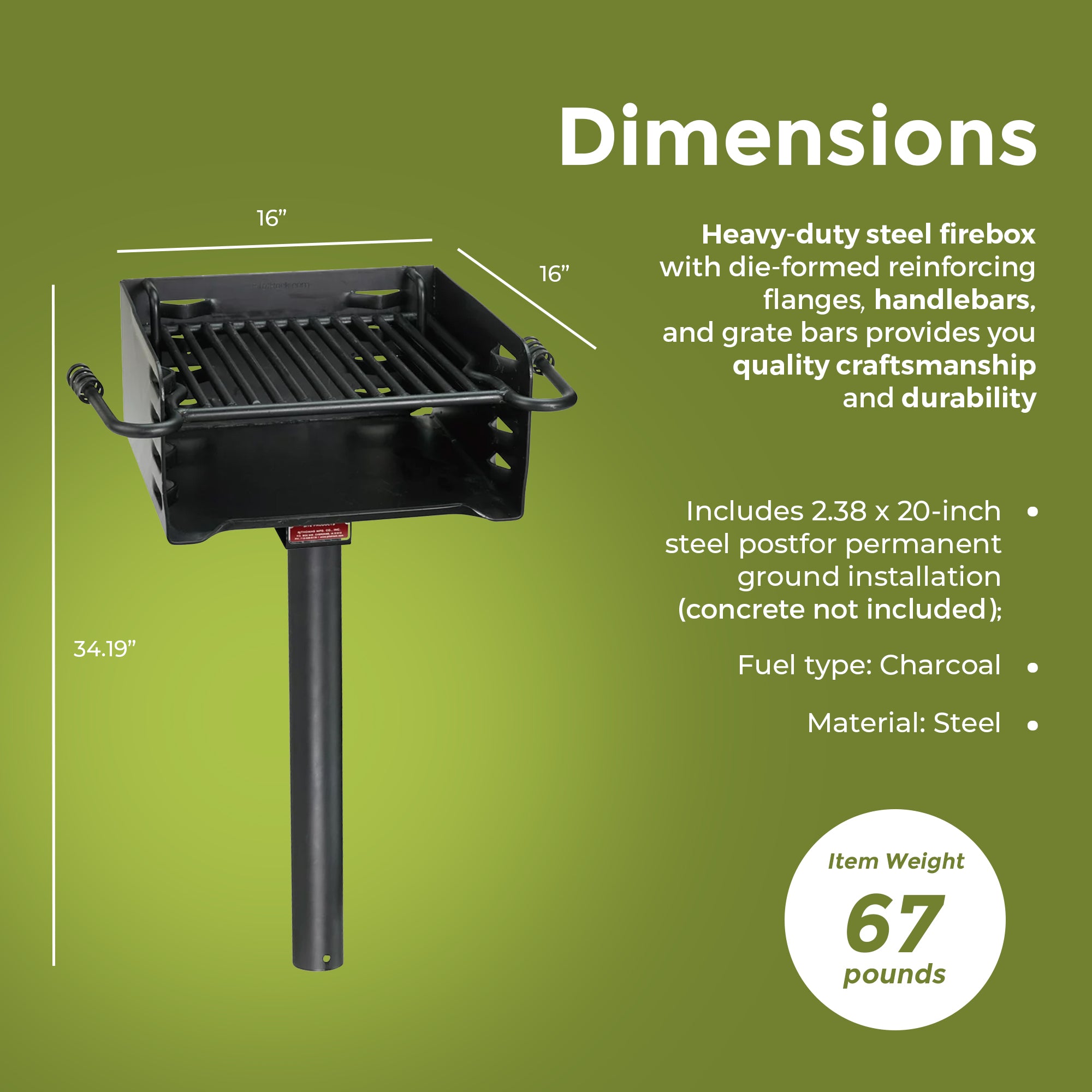 H-16 B6X2 Park Style Steel Outdoor BBQ Charcoal Grill and Post, Black (Used) - VMInnovations