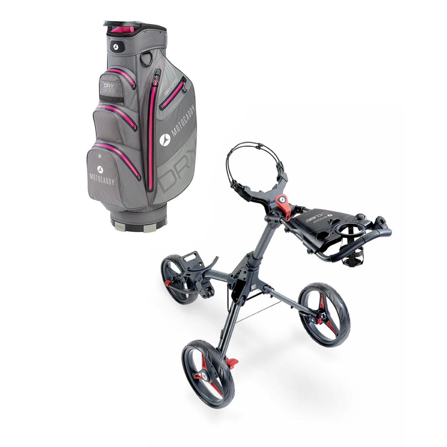 Motocaddy Cube 3 Wheel Foldable Golf Push Caddy with Golf Club Bag, Fuchsia